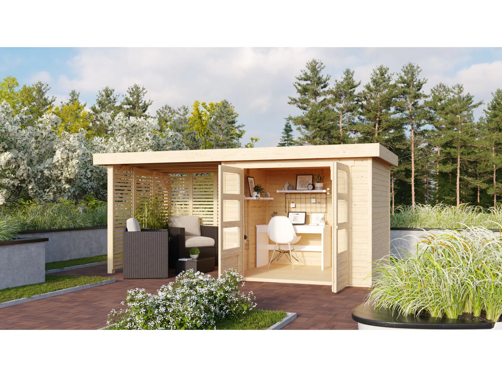 Karibu Gartenhaus Askola 3 mit Anbaudach 2,4 m mit Lamellenwänden