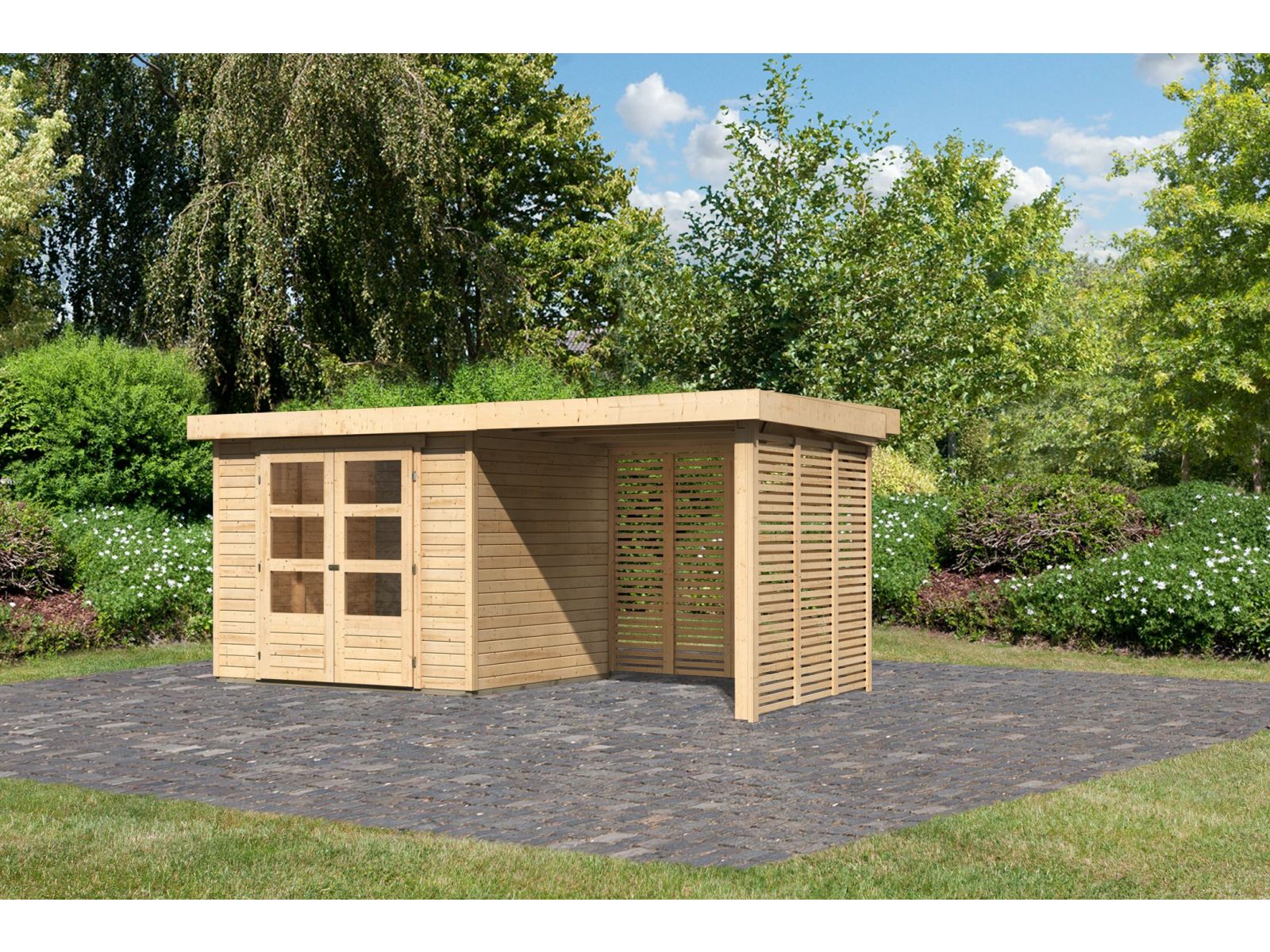 Karibu Gartenhaus Askola 3 mit Anbaudach 2,4 m mit Lamellenwänden - Image 2