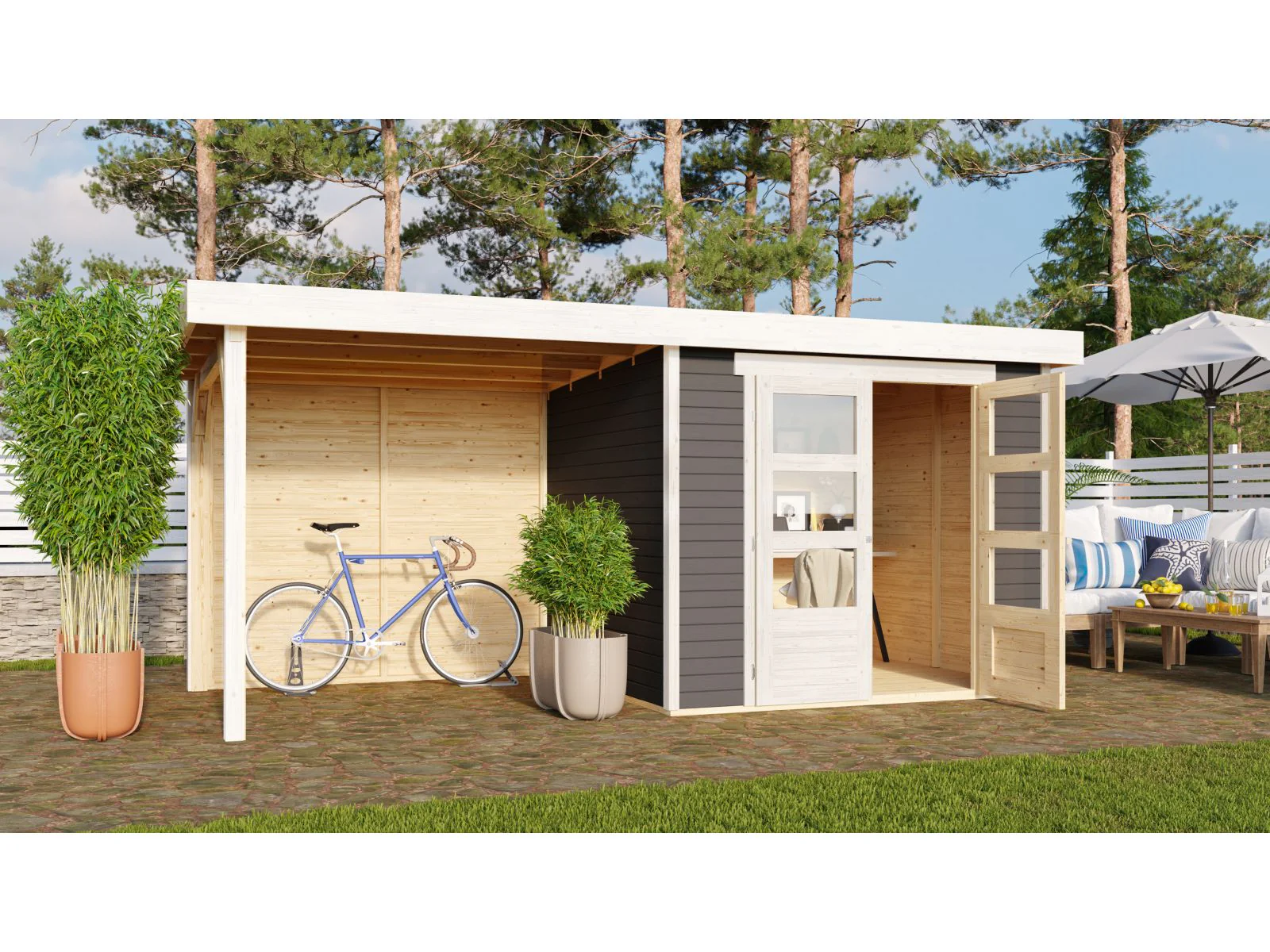 Karibu Gartenhaus Askola 3 mit Anbaudach 2,4 m, Rückwand, terragrau