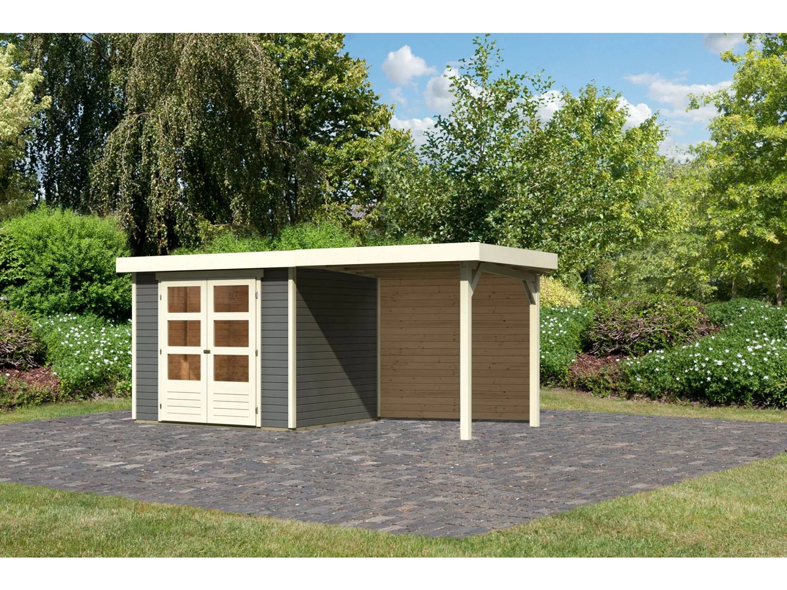 Karibu Gartenhaus Askola 3 mit Anbaudach 2,4 m, Rückwand, terragrau - Image 2