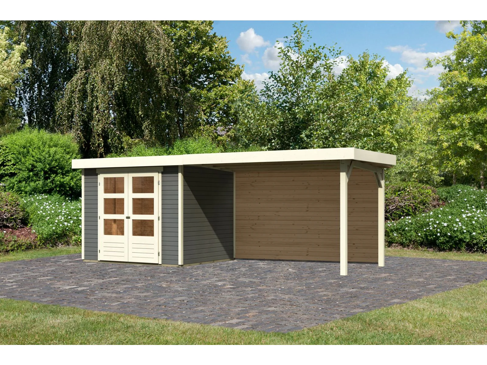 Karibu Gartenhaus Askola 3 mit Anbaudach 2,80 m, Rückwand in terragrau