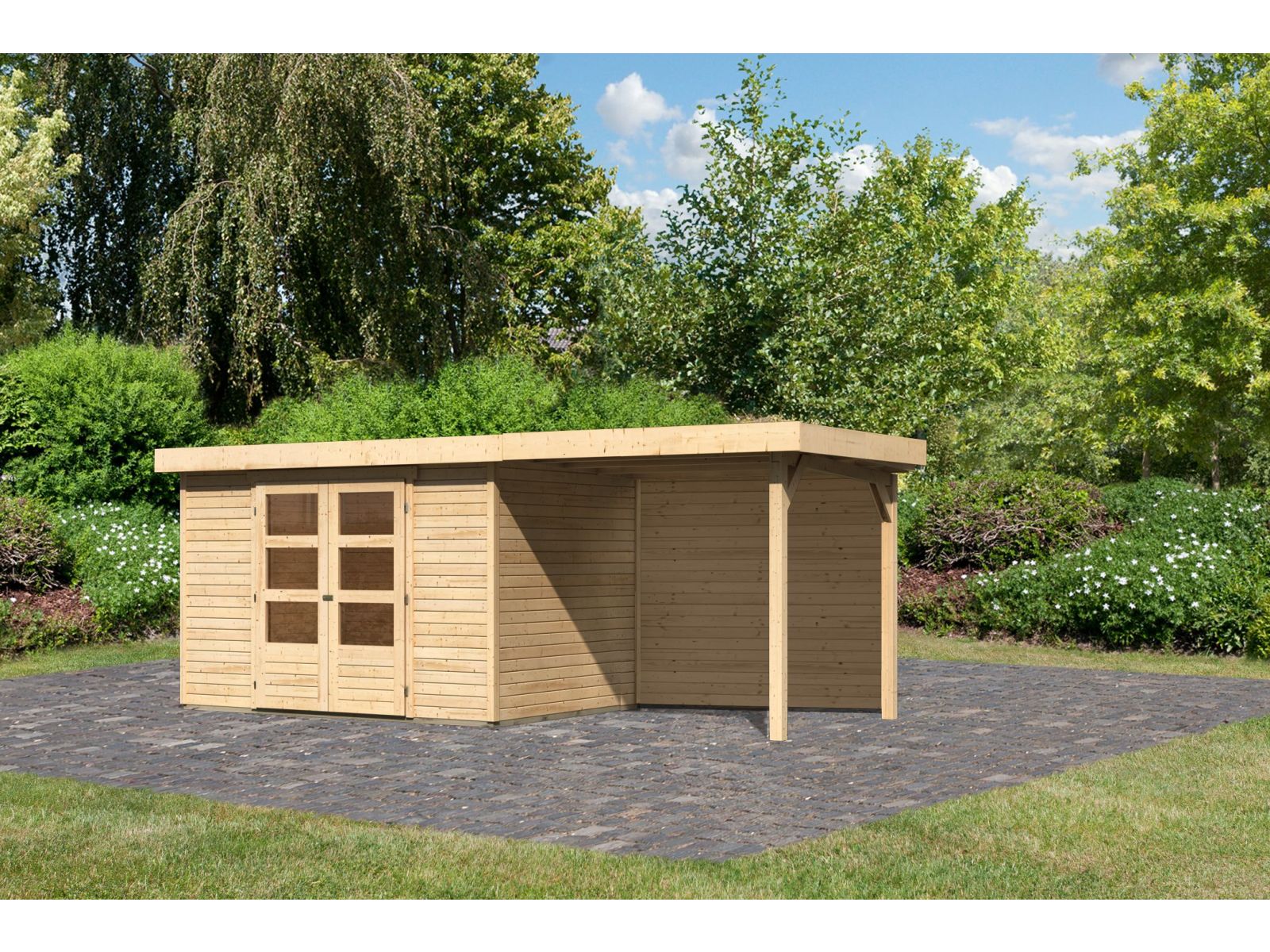 Karibu Gartenhaus Askola 4 mit Anbaudach 2,4 Meter, Rückwand