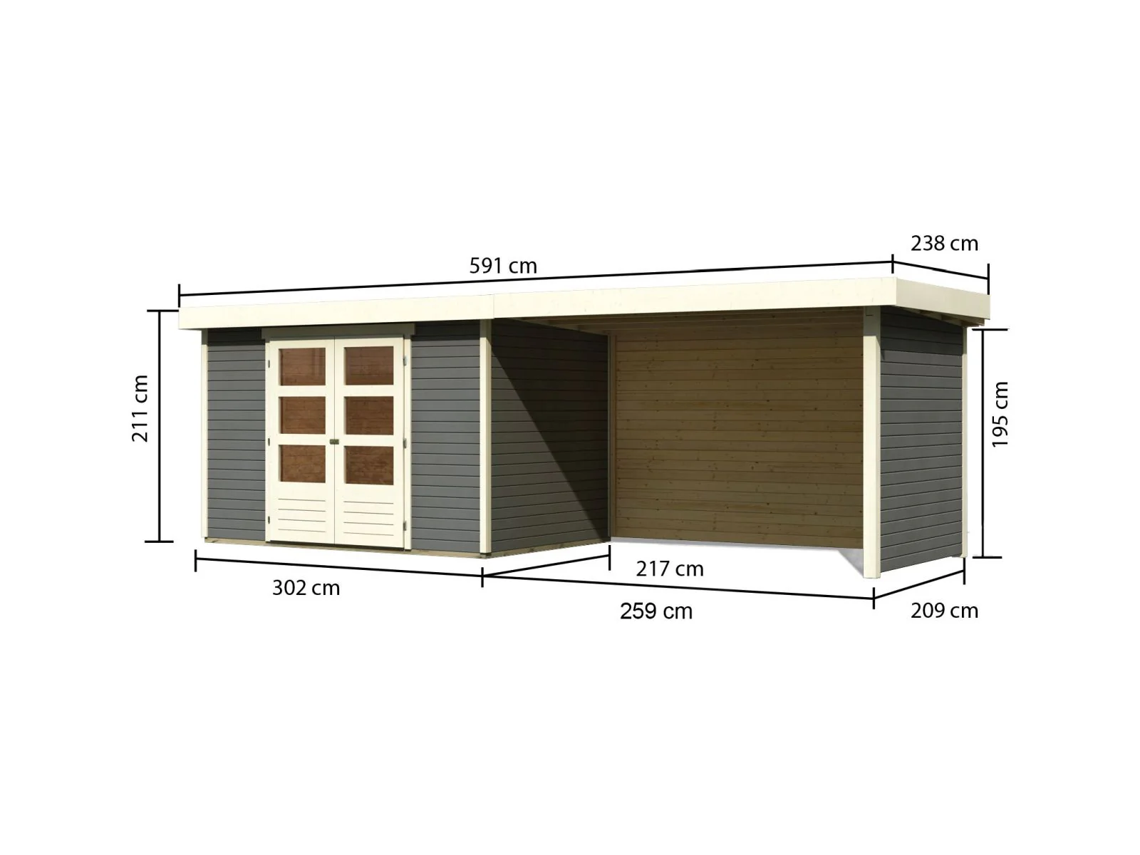 Karibu Gartenhaus Askola 4 terragrau mit Anbaudach 2,80 Meter inkl. Rück-und Seitenwand - Image 3