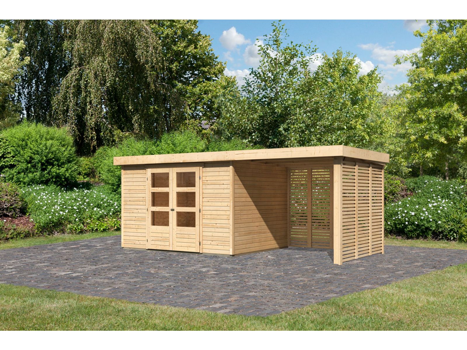 Karibu Gartenhaus Askola 5 mit Anbaudach 2,4 m, Lamellenwänden