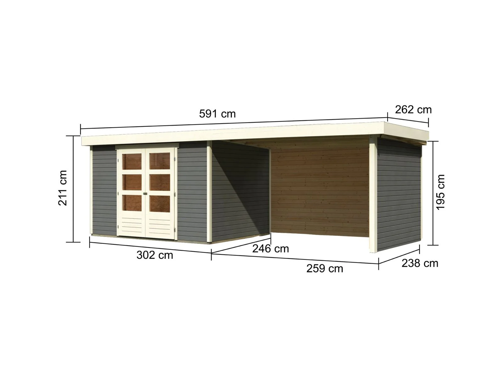 Karibu Gartenhaus Askola 5 mit Anbaudach 2,8 Meter, Seiten- und Rückwand, terragrau - Image 3
