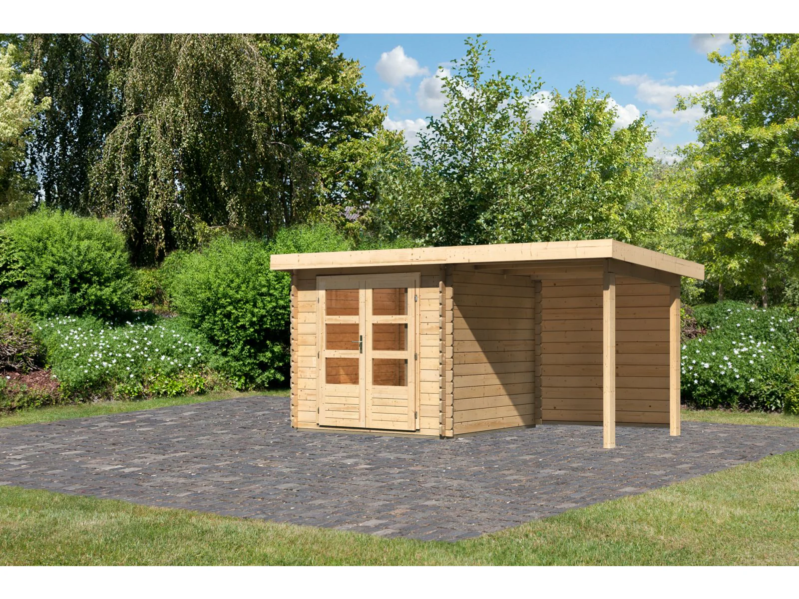 Karibu Gartenhaus Bastrup 2 mit Anbaudach 2 Meter inkl. Rückwand