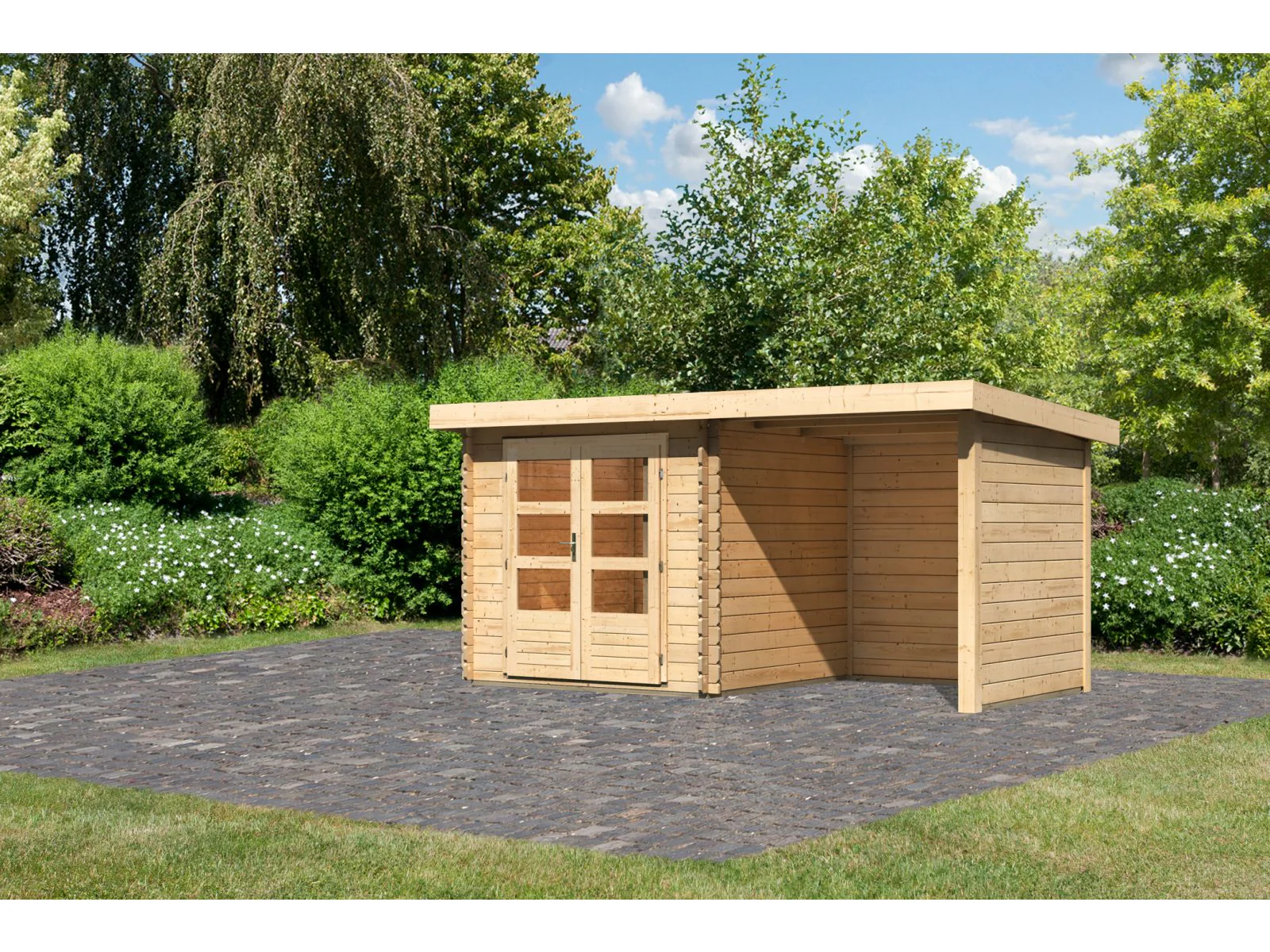 Karibu Gartenhaus Bastrup 2 mit Anbaudach 2 Meter, Seiten- und Rückwand - Image 2