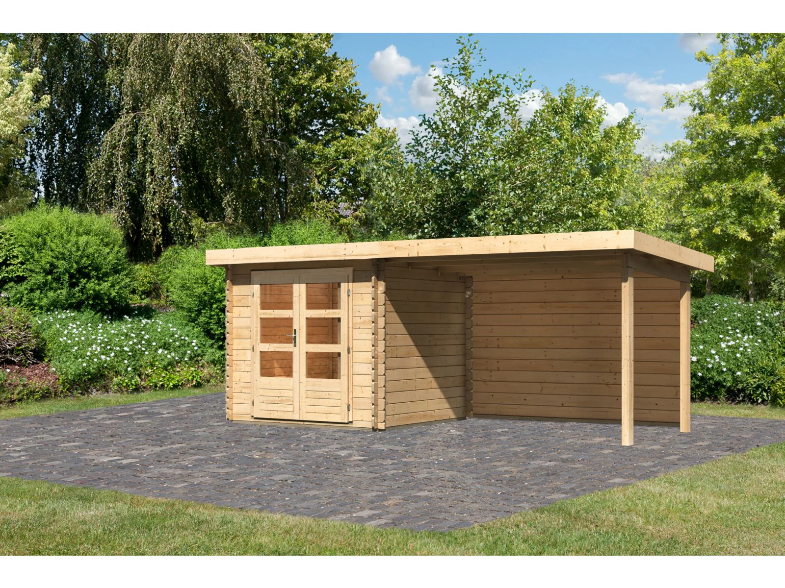 Karibu Gartenhaus Bastrup 2 mit Anbaudach 3 Meter inkl. Rückwand natur - Image 2