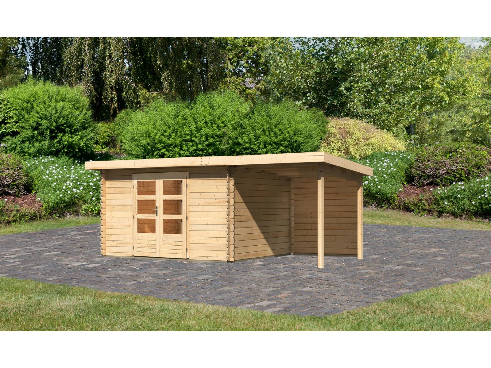 Karibu Gartenhaus Bastrup 7 mit Anbaudach 2 Meter inkl. Rückwand