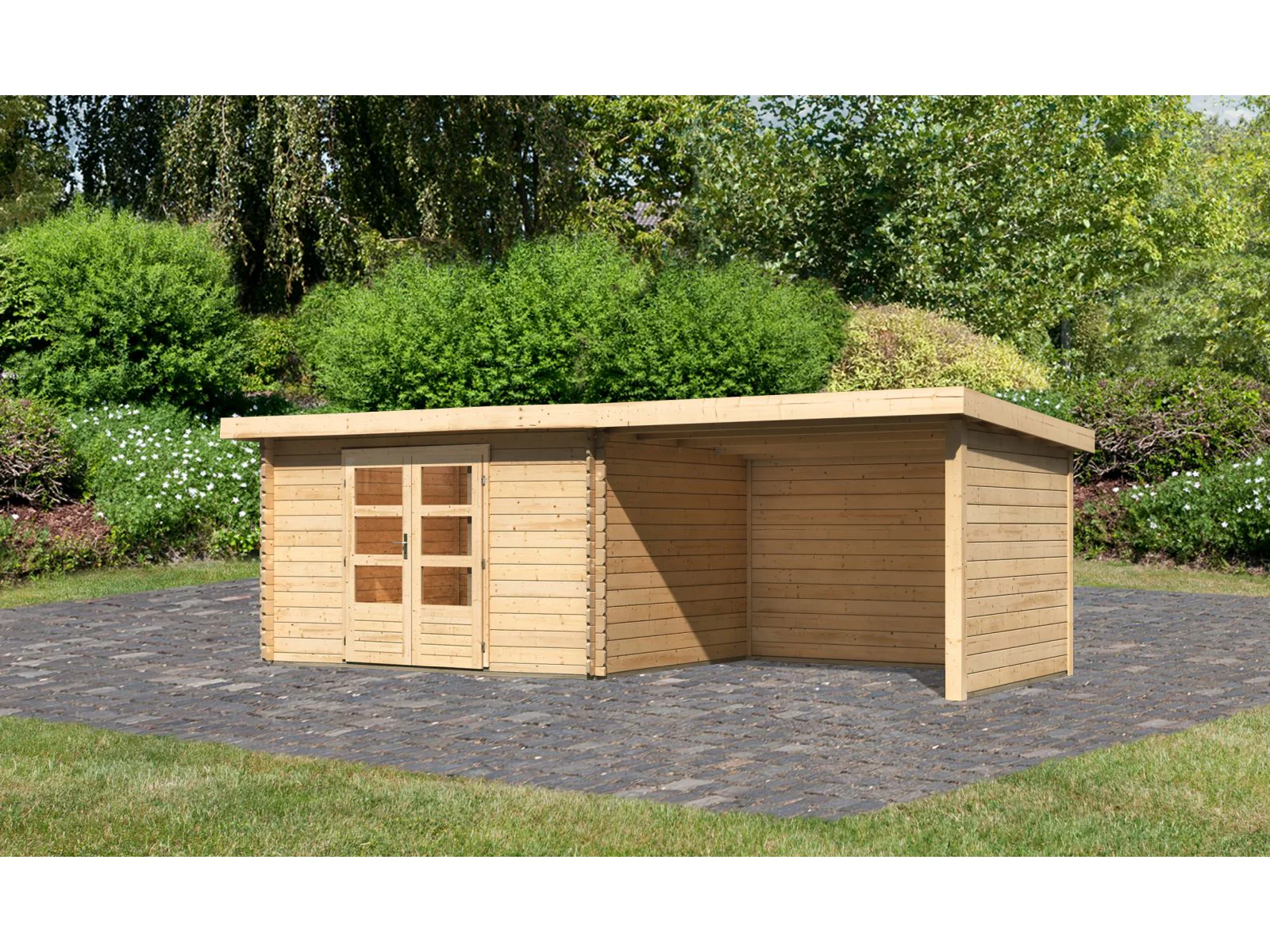 Karibu Gartenhaus Bastrup 7 mit Anbaudach 3 Meter, Rück- und Seitenwand