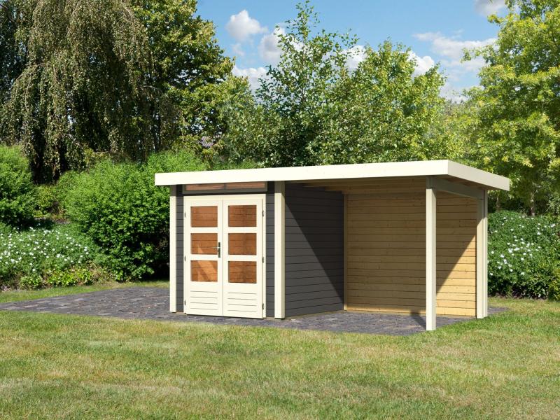 Karibu Gartenhaus Kandern 1 terragrau mit Anbaudach 2,35 m inkl. Rückwand - Image 2