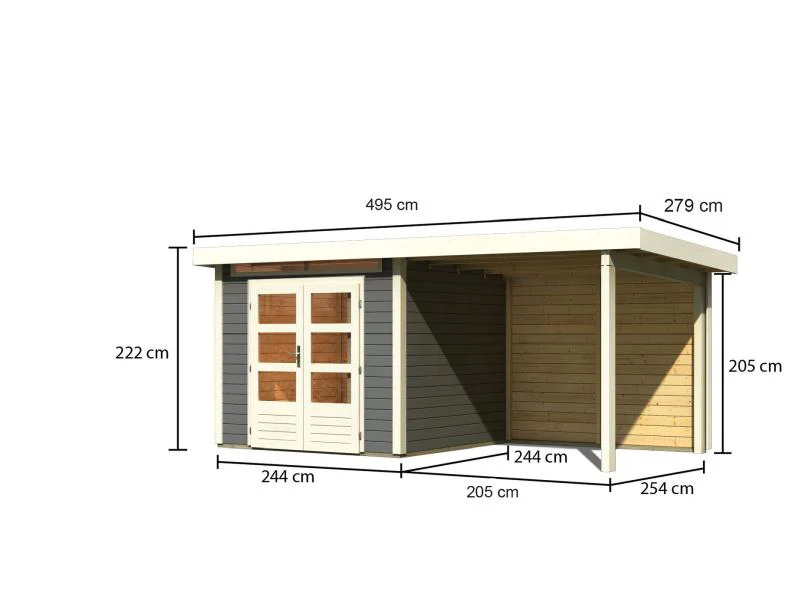 Karibu Gartenhaus Kandern 3 terragrau mit Anbaudach 2,35 m inkl. Rückwand - Image 2