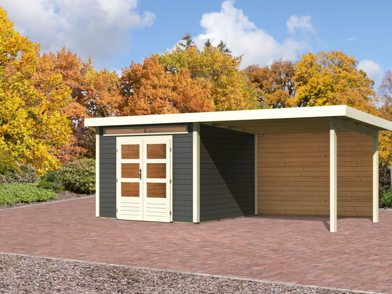 Karibu Gartenhaus Kandern 6 in terragrau mit Anbaudach 3,2 Meter inkl. Rückwand - Image 2
