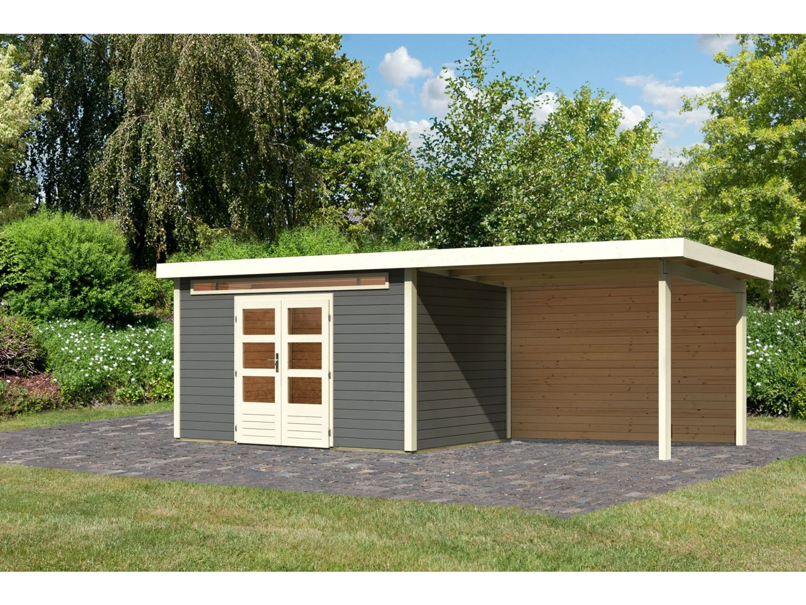 Karibu Gartenhaus Kandern 7 in terragrau mit Anbaudach 3,20 Meter inkl. Rückwand - Image 2