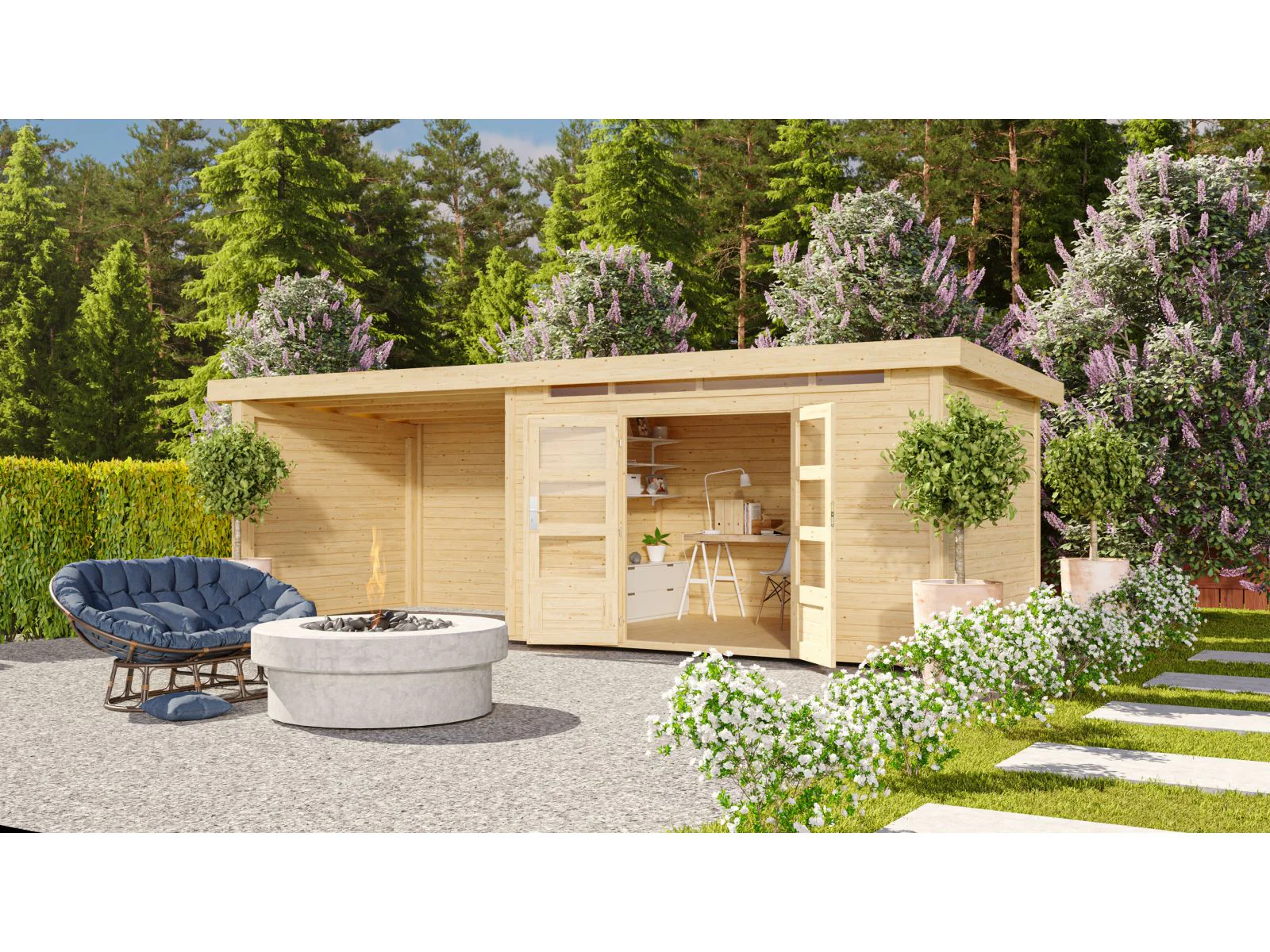 Karibu Gartenhaus Kandern 7 mit Anbaudach 3,2 Meter inkl. Rückwand