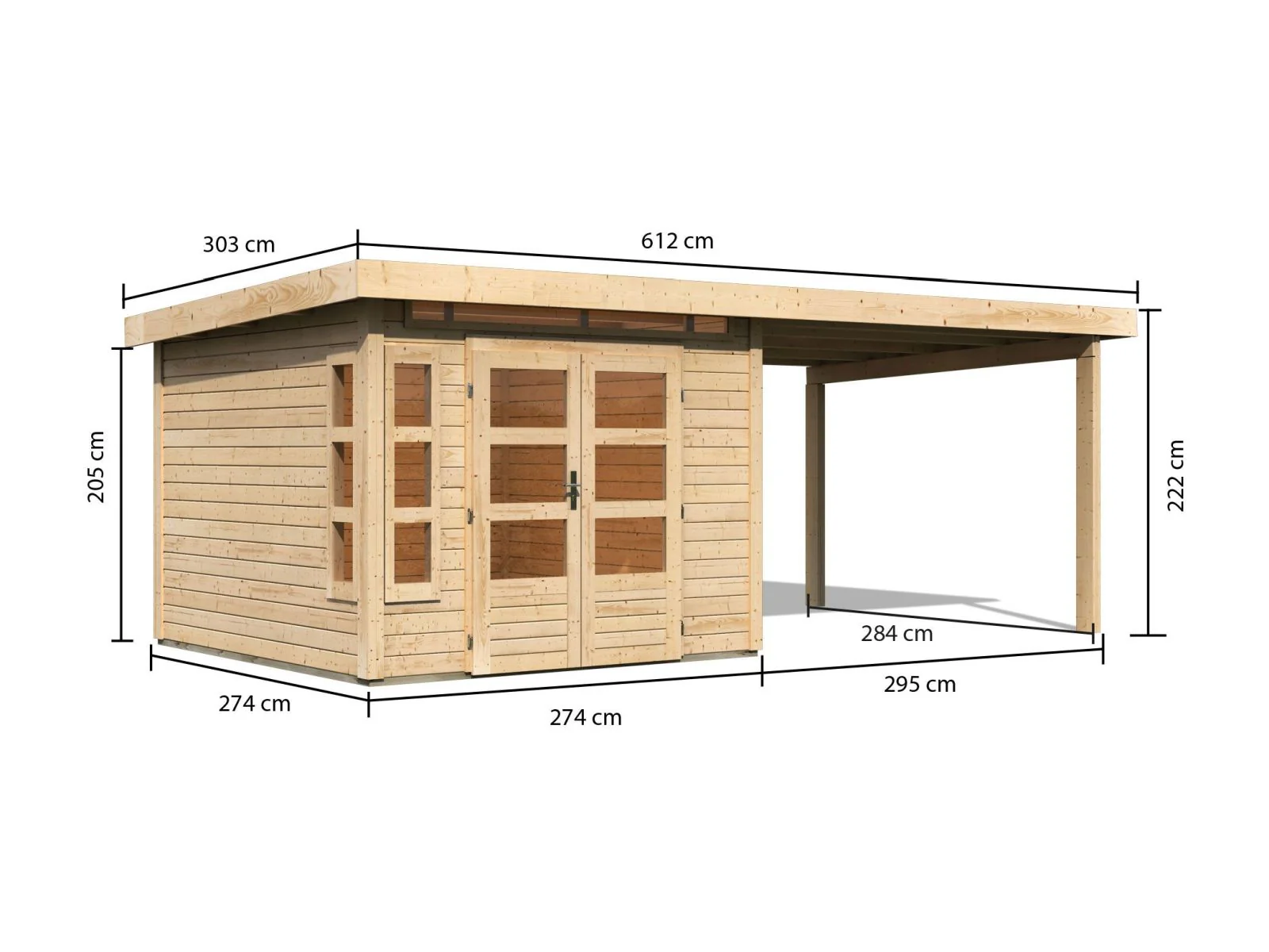 Karibu Gartenhaus Kastorf 6 - 28 mm natur mit Anbaudach 3,2 m - Image 2