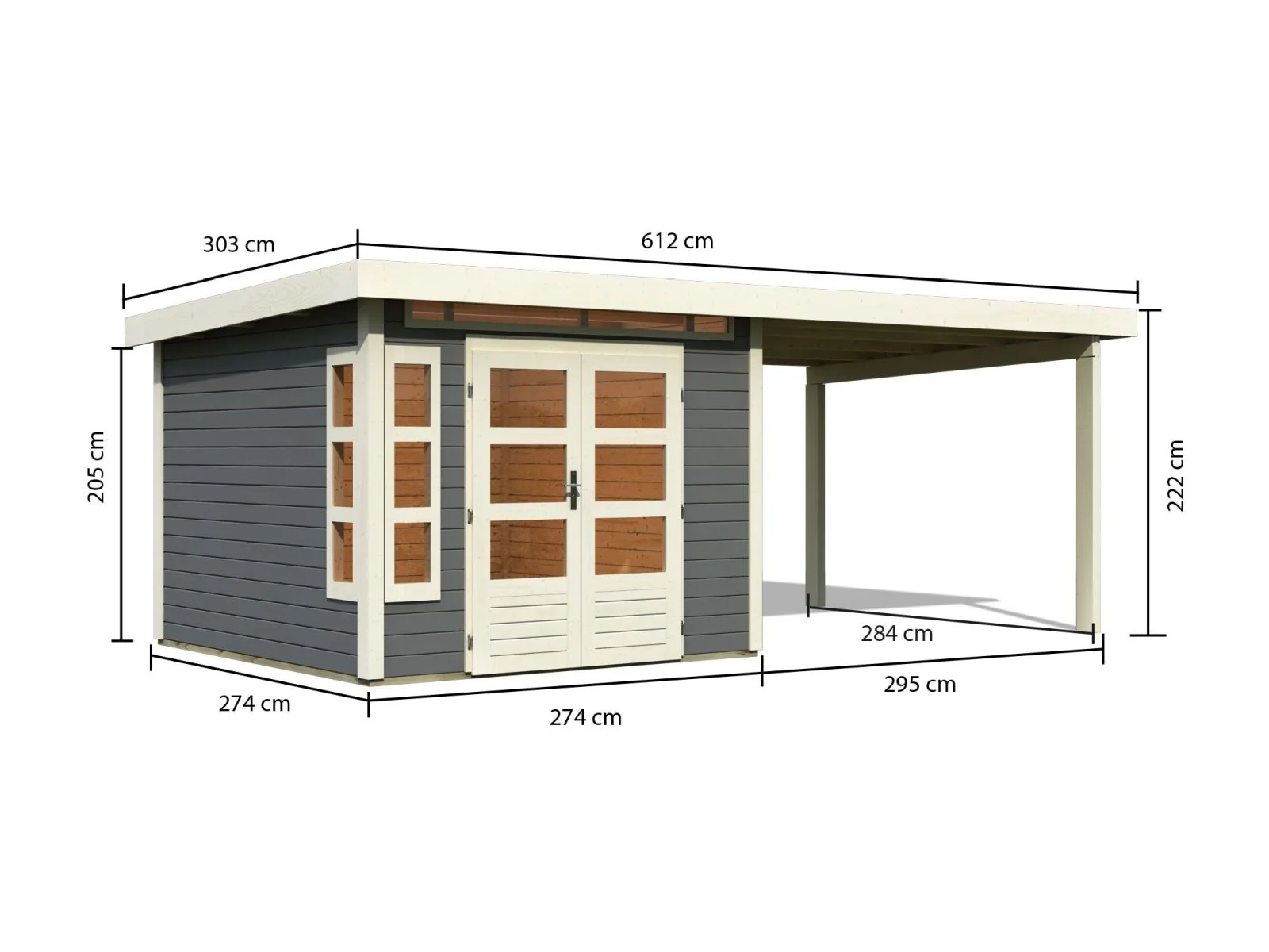 Karibu Gartenhaus Kastorf 6 - 28 mm terragrau mit Anbaudach 3,2 m - Image 2