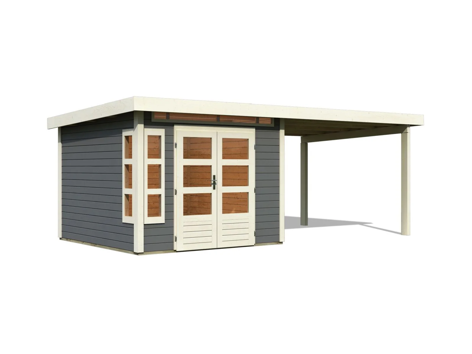 Karibu Gartenhaus Kastorf 6 - 28 mm terragrau mit Anbaudach 3,2 m - Image 4