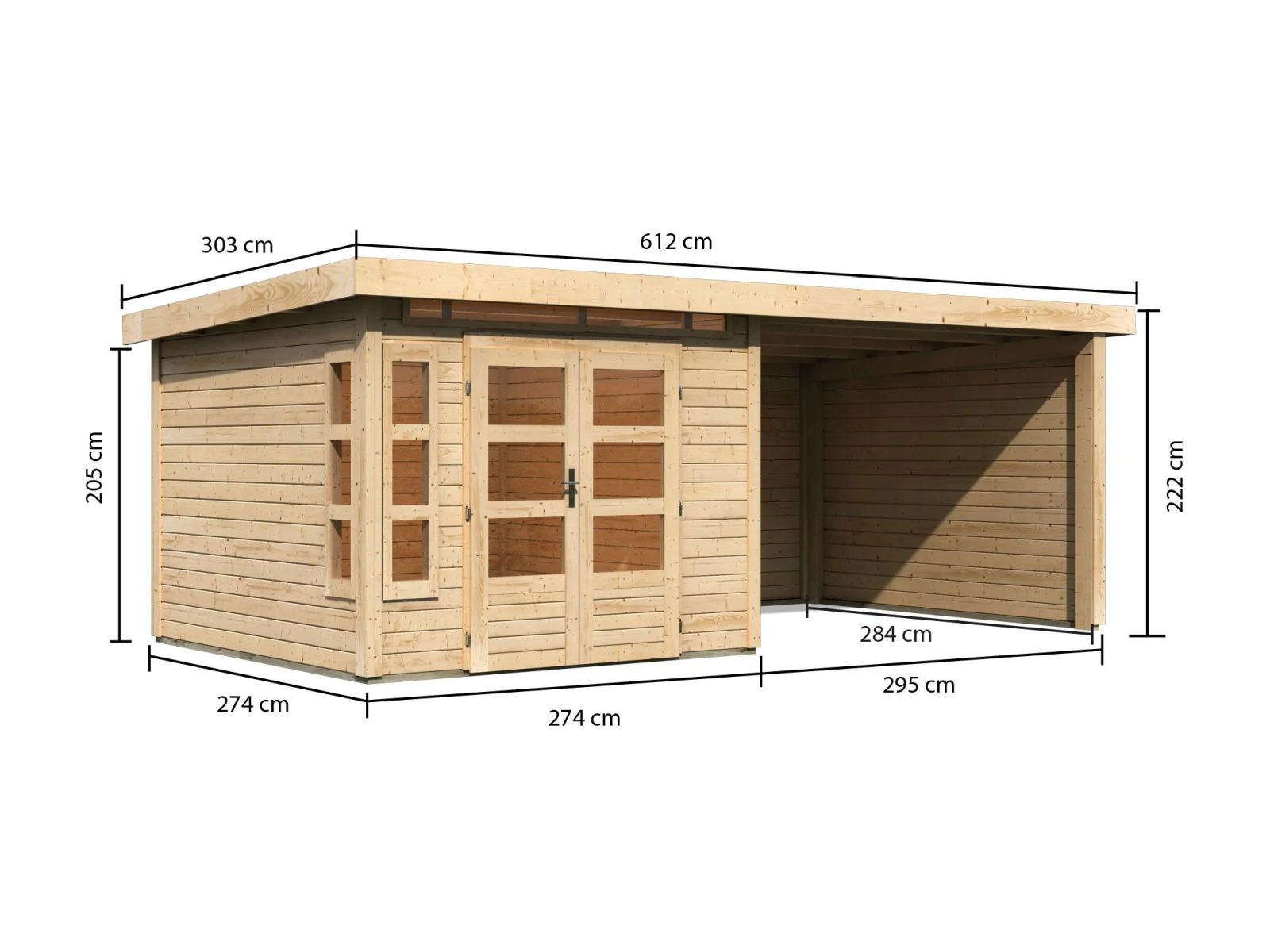 Karibu Gartenhaus Kastorf 6 - natur mit Anbaudach 3,2 m und 28 mm Seiten- und Rückwand - Image 2