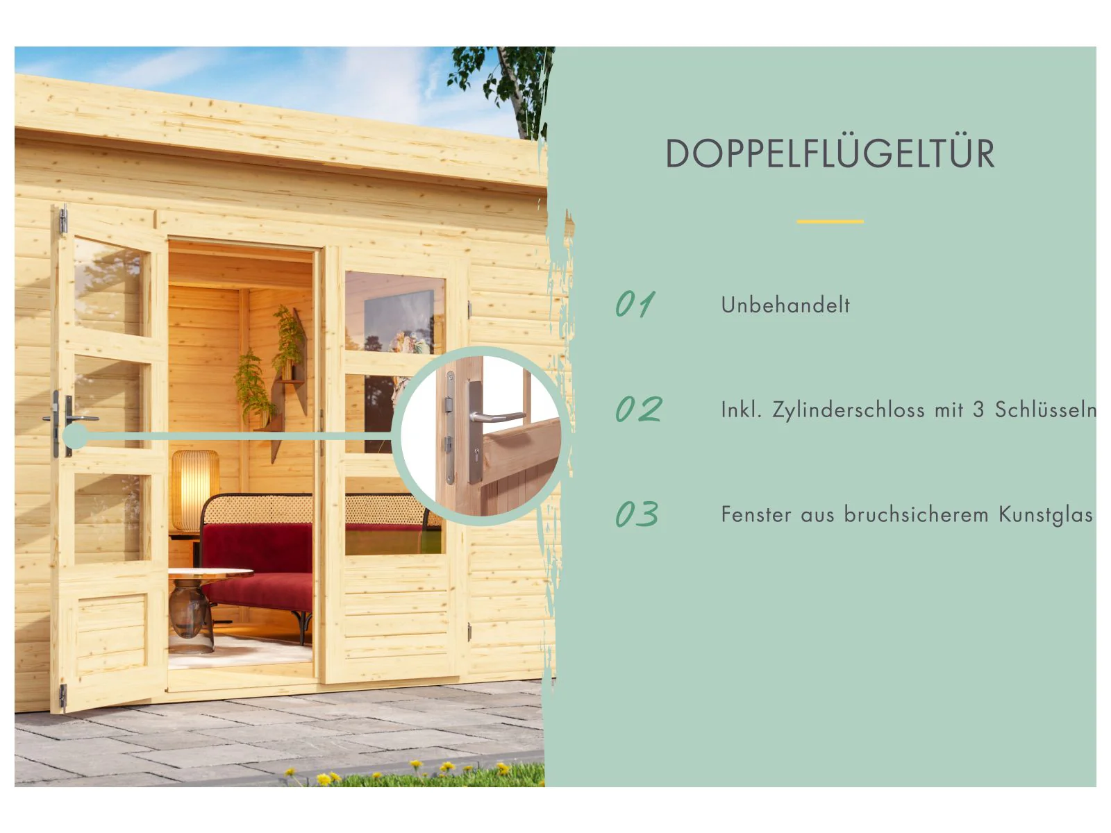 Karibu Gartenhaus Kastorf 6 - natur mit Anbaudach 3,2 m und 28 mm Seiten- und Rückwand - Image 6