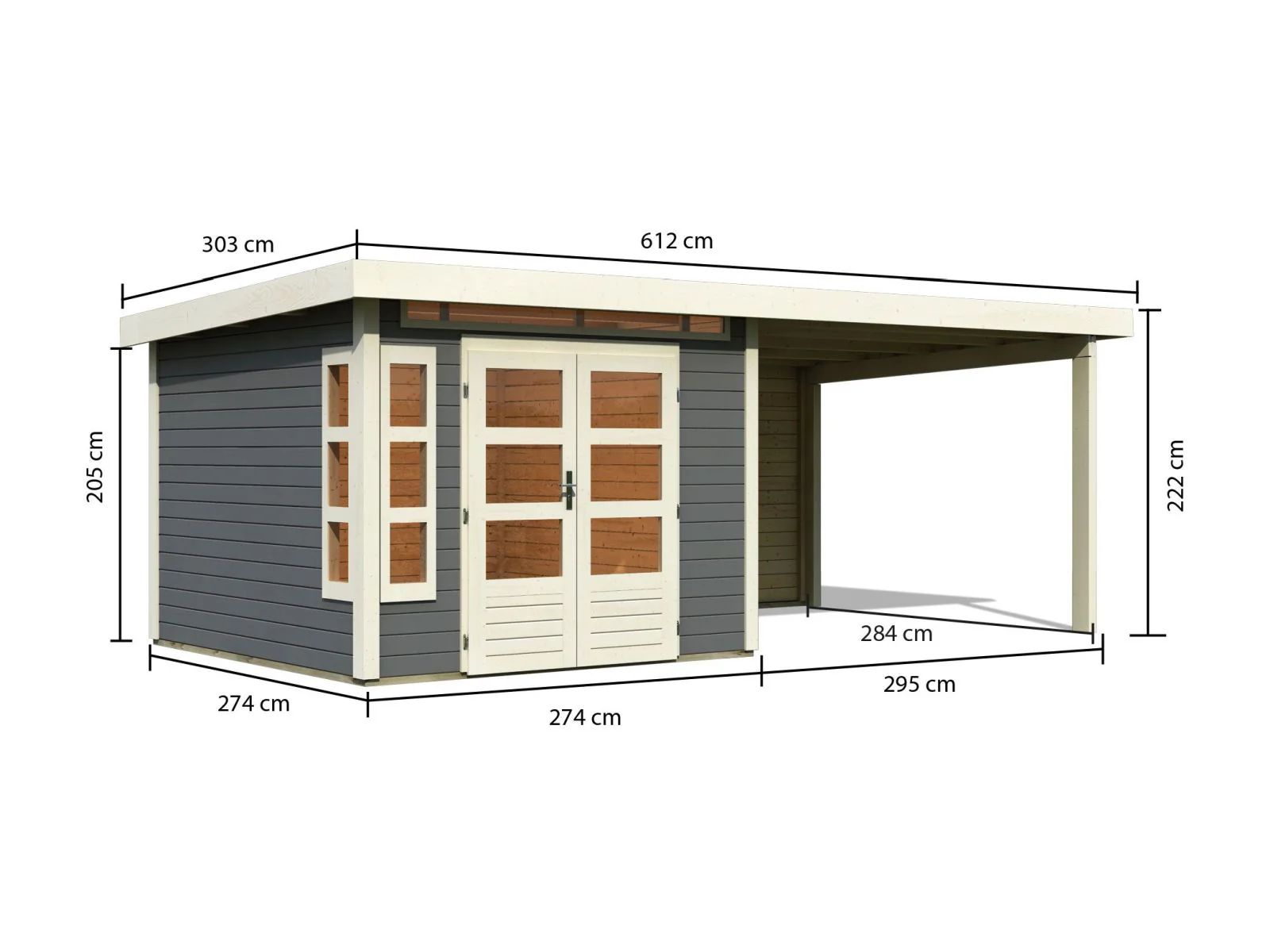 Karibu Gartenhaus Kastorf 6 - terragrau mit Anbaudach 3,2 m und 28 mm Rückwand - Image 2