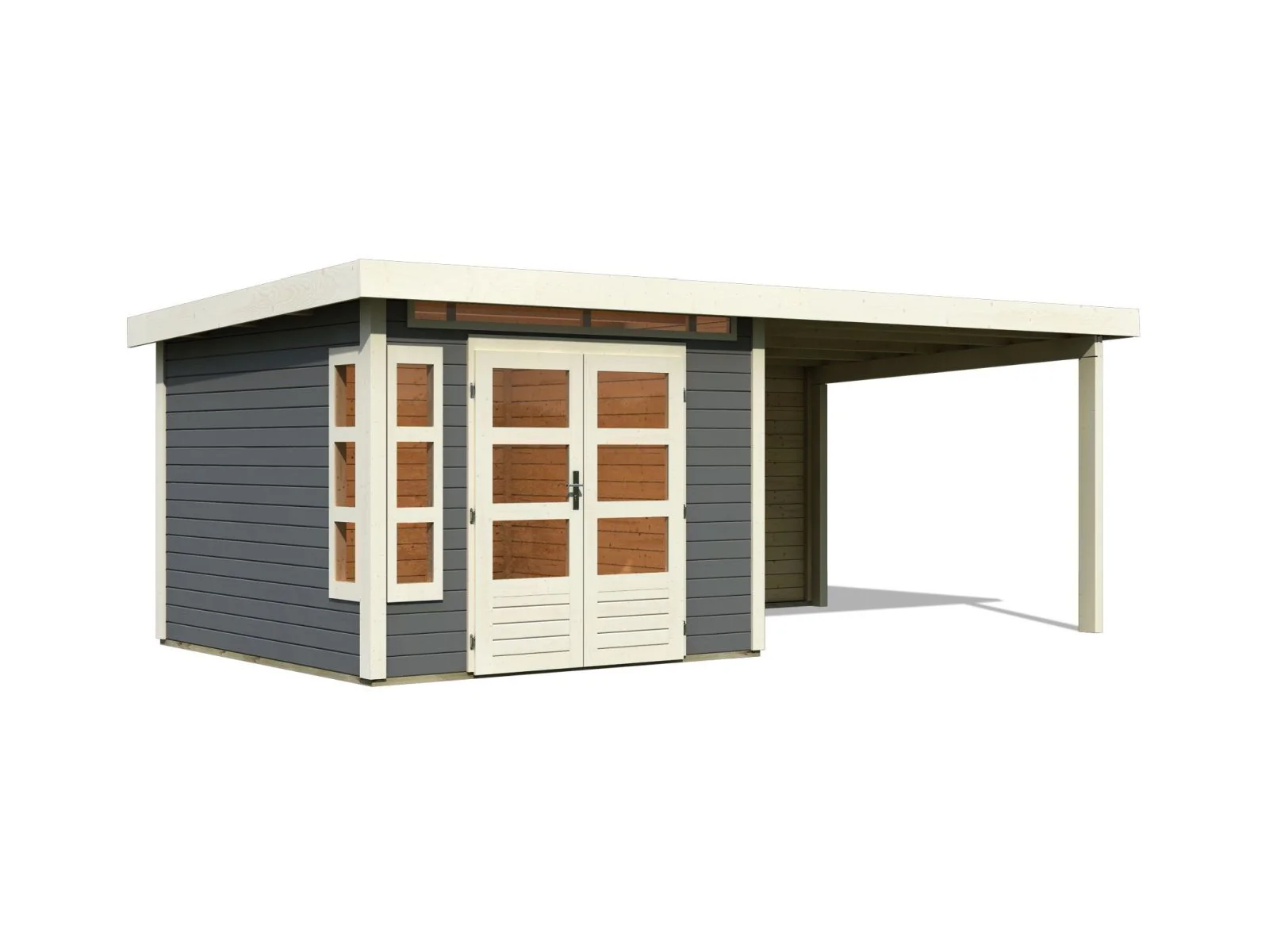 Karibu Gartenhaus Kastorf 6 - terragrau mit Anbaudach 3,2 m und 28 mm Rückwand - Image 4