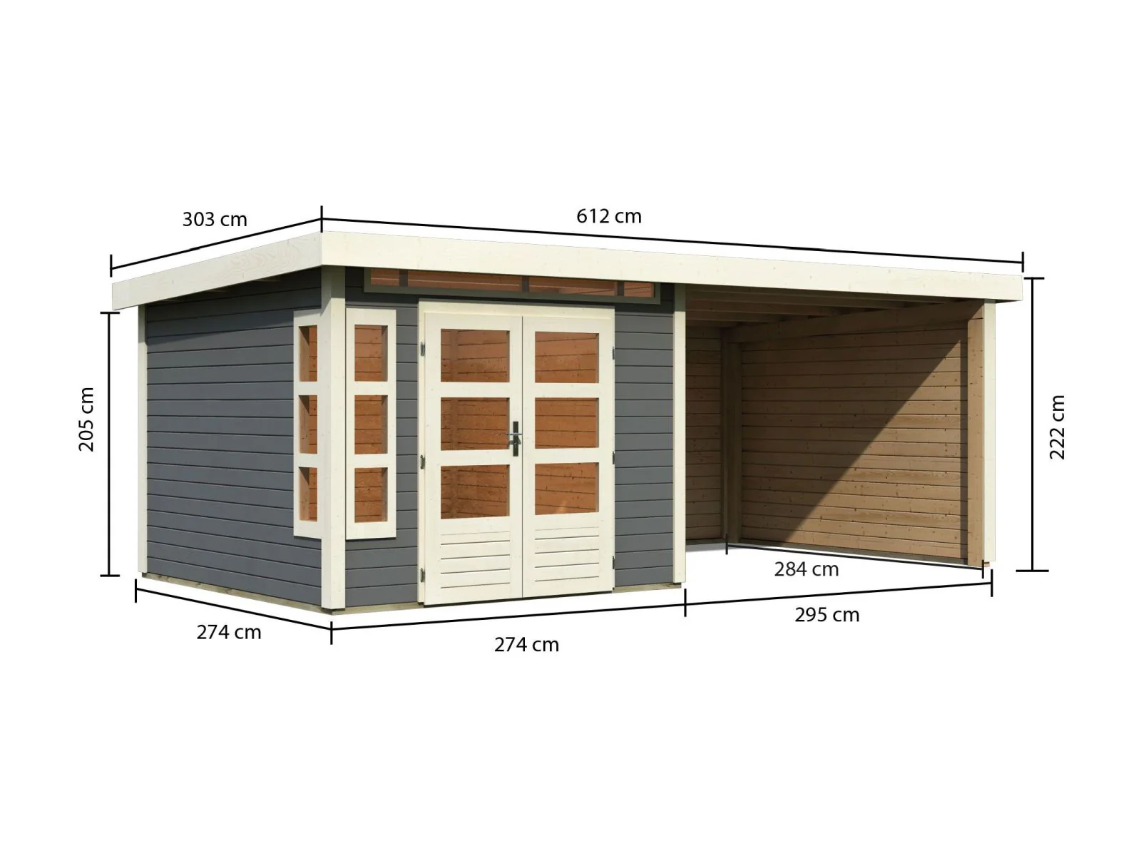 Karibu Gartenhaus Kastorf 6 - terragrau mit Anbaudach 3,2 m und 28 mm Seiten- und Rückwand - Image 2