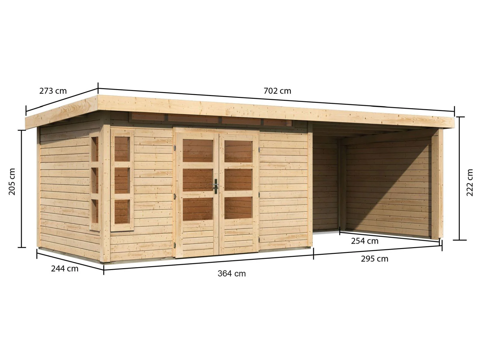 Karibu Gartenhaus Kastorf 7 - natur mit Anbaudach 3,2 m und 28 mm Seiten- und Rückwand - Image 2