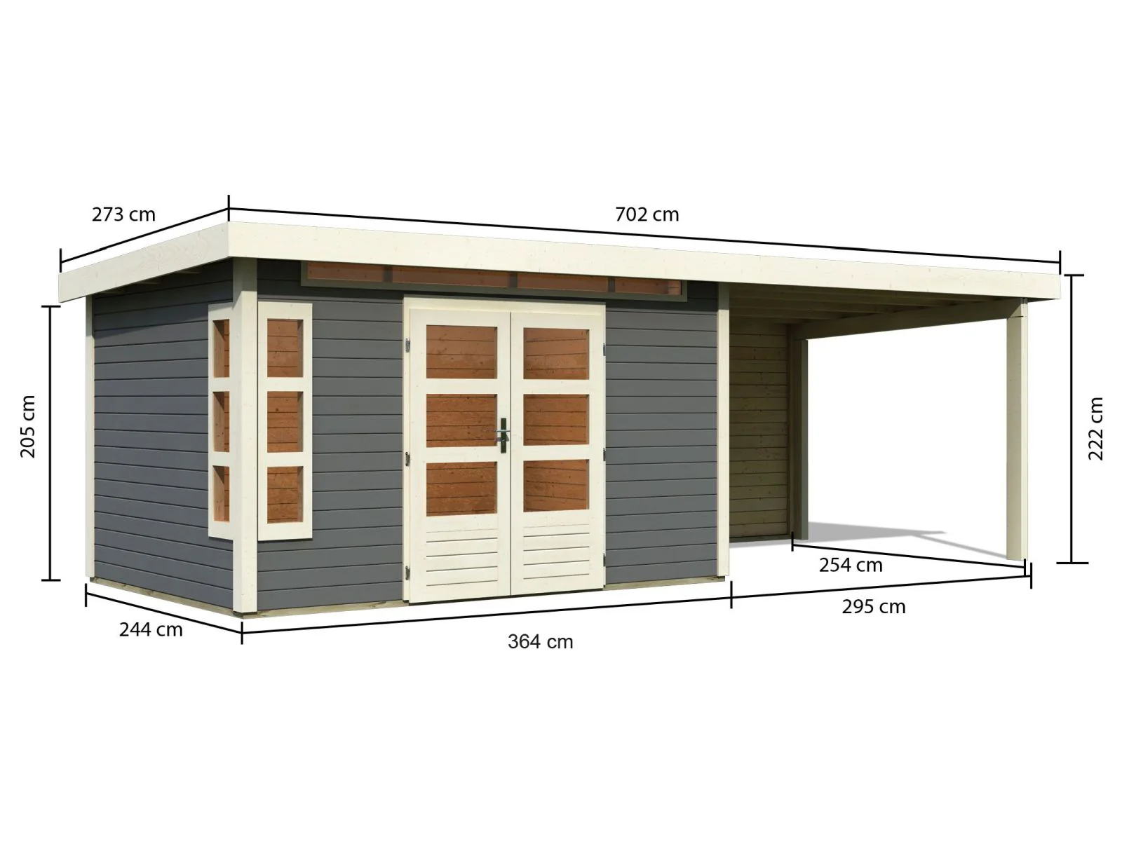 Karibu Gartenhaus Kastorf 7 - terragrau mit Anbaudach 3,2 m und 28 mm Rückwand - Image 2