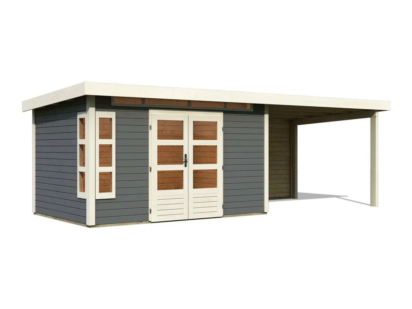 Karibu Gartenhaus Kastorf 7 - terragrau mit Anbaudach 3,2 m und 28 mm Rückwand - Image 3