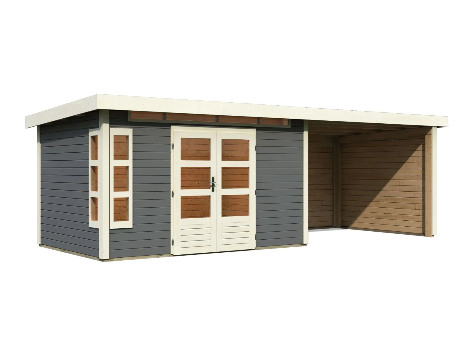 Karibu Gartenhaus Kastorf 7 - terragrau mit Anbaudach 3,2 m und 28 mm Seiten- und Rückwand - Image 4