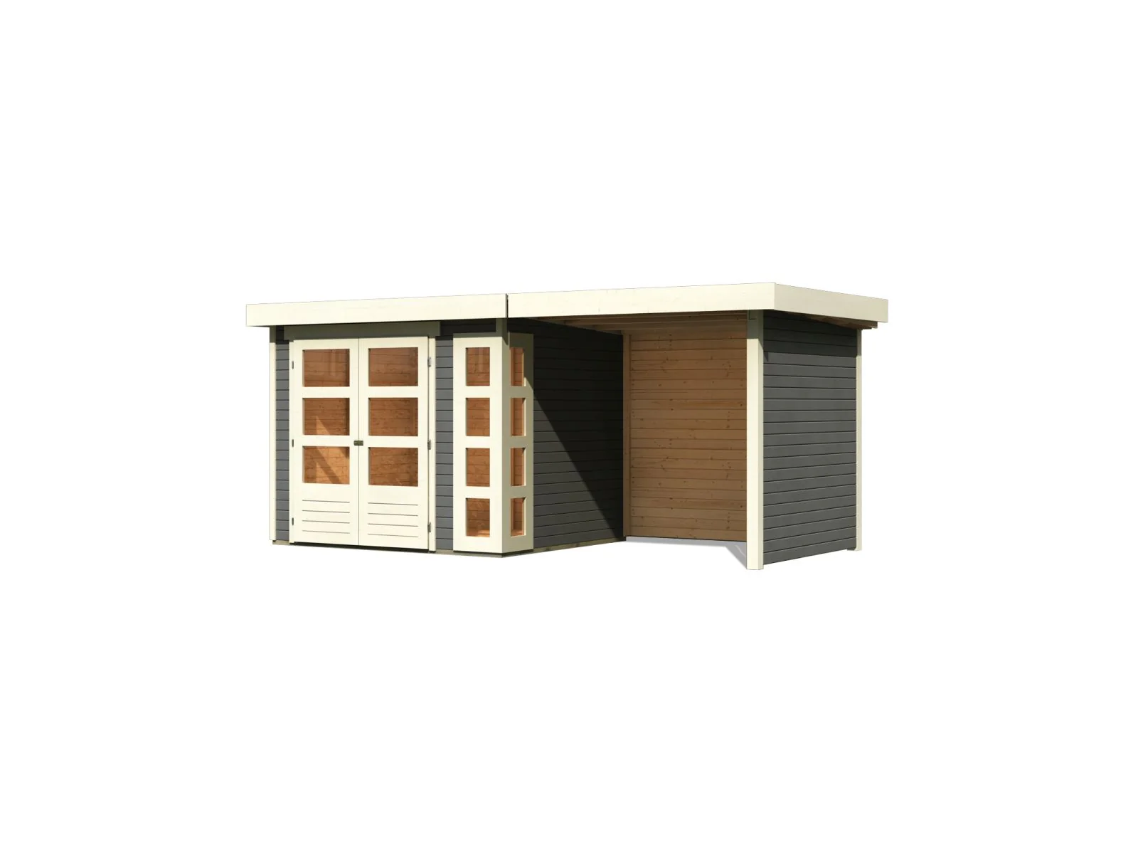 Karibu Gartenhaus Kerko 3 in terragrau mit 2,40 m Anbaudach und Rück-und Seitenwänden - Image 2