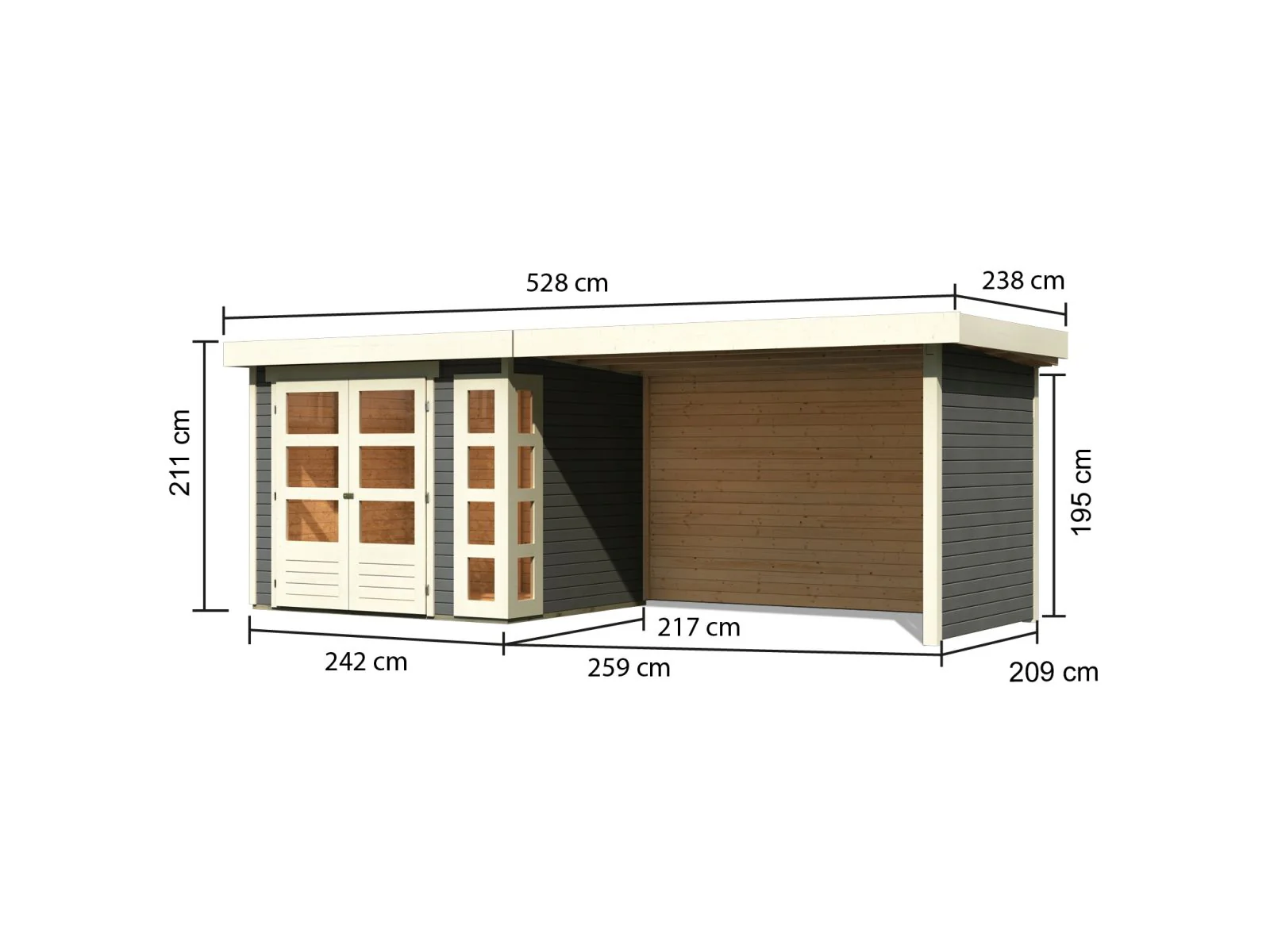 Karibu Gartenhaus Kerko 3 in terragrau mit 2,80 m Anbaudach inklusive Rück-und Seitenwand - Image 3