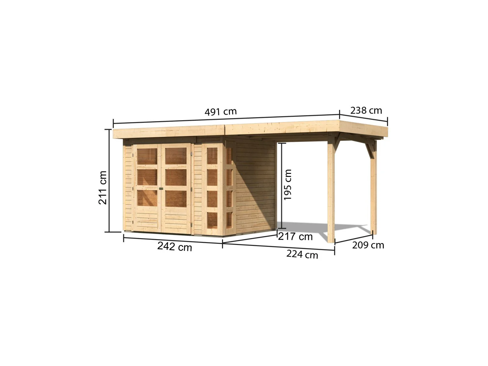 Karibu Gartenhaus Kerko 3 natur mit 2,40 m Anbaudach - Image 3