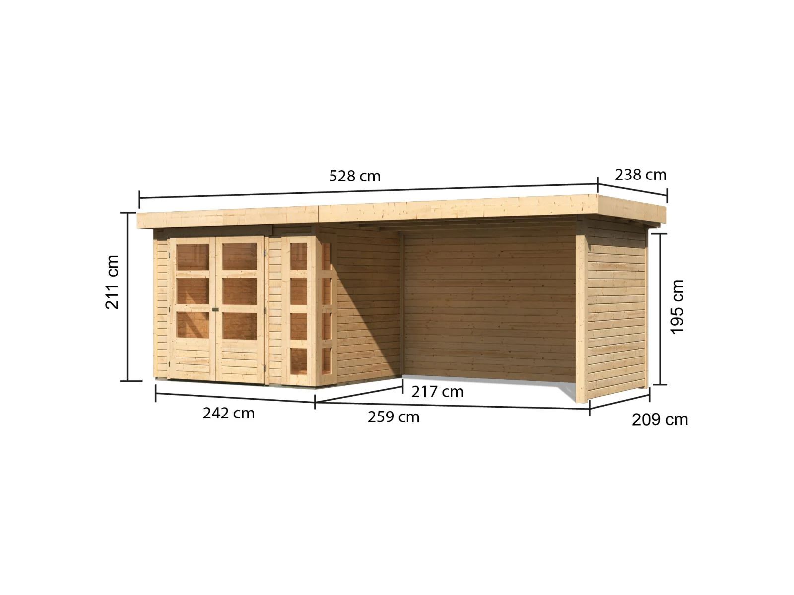 Karibu Gartenhaus Kerko 3 natur mit 2,80 m Anbaudach Inklusive Rück-und Seitenwand - Image 3