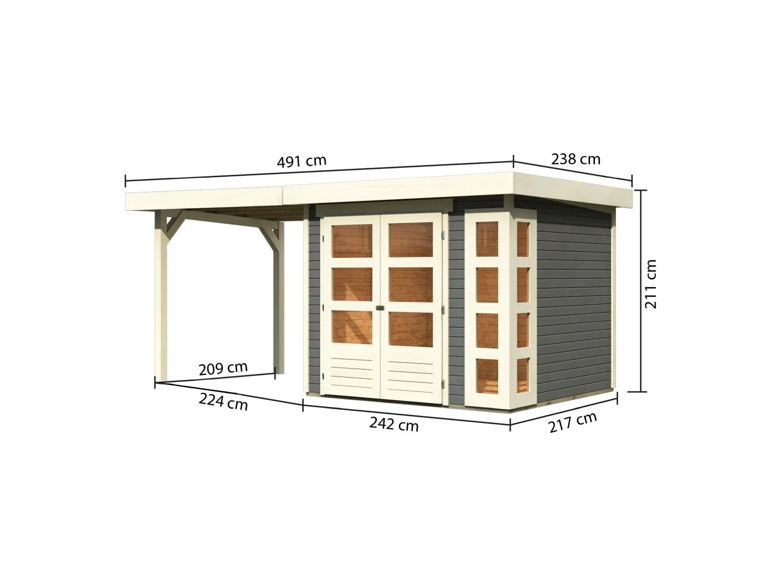 Karibu Gartenhaus Kerko 3 terragrau mit 2,40 m Anbaudach - Image 3