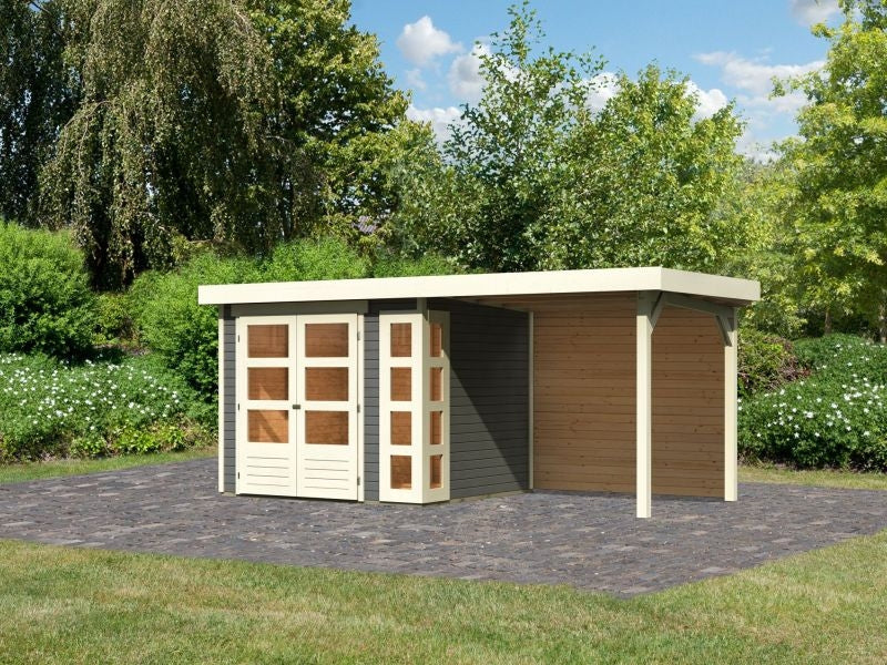 Karibu Gartenhaus Kerko 3 terragrau mit 2,40 m Anbaudach, Rückwand - Image 2
