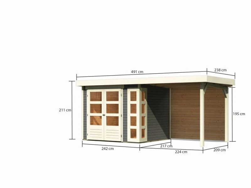 Karibu Gartenhaus Kerko 3 terragrau mit 2,40 m Anbaudach, Rückwand - Image 3