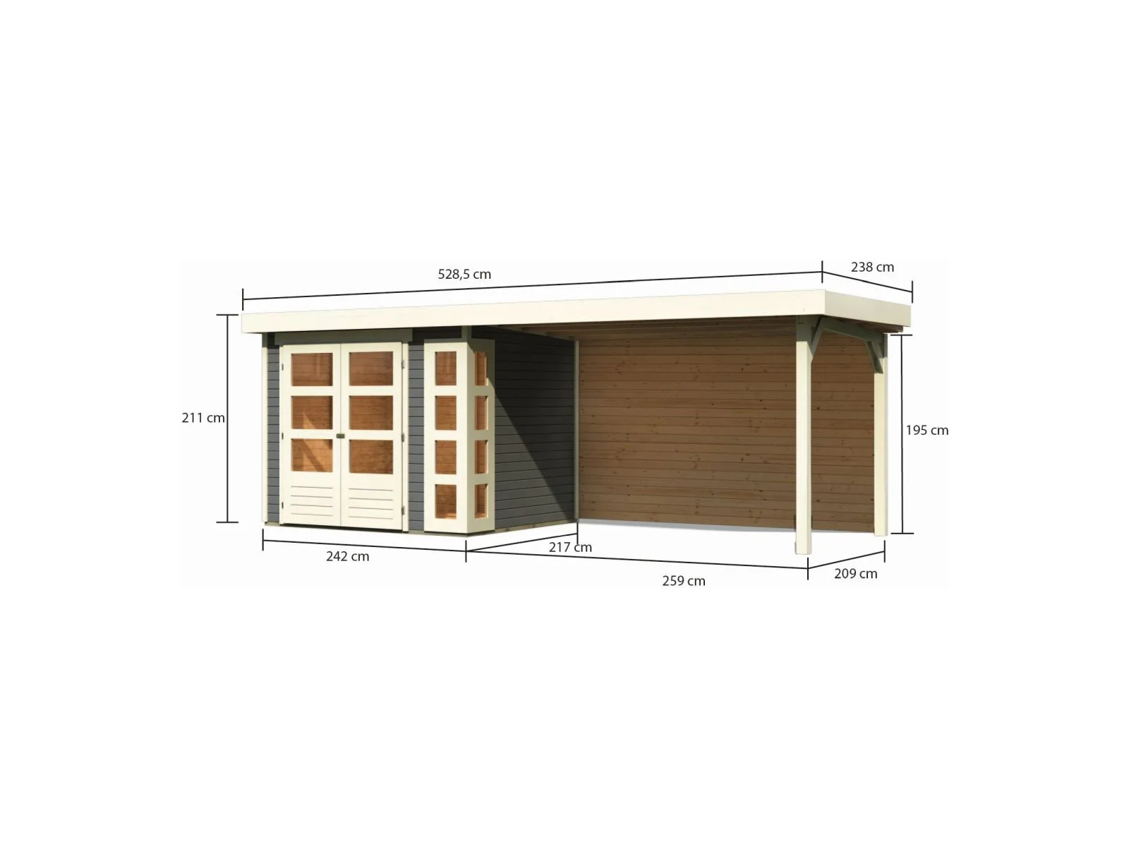 Karibu Gartenhaus Kerko 3 terragrau mit Anbaudach 2,80 m inkl. Rückwand - Image 3