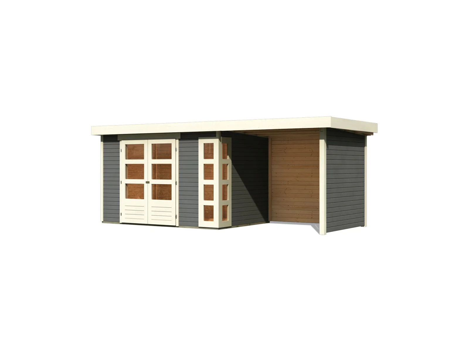 Karibu Gartenhaus Kerko 4 in terragrau mit Anbaudach 2,40 m und Rück-und Seitenwand - Image 2