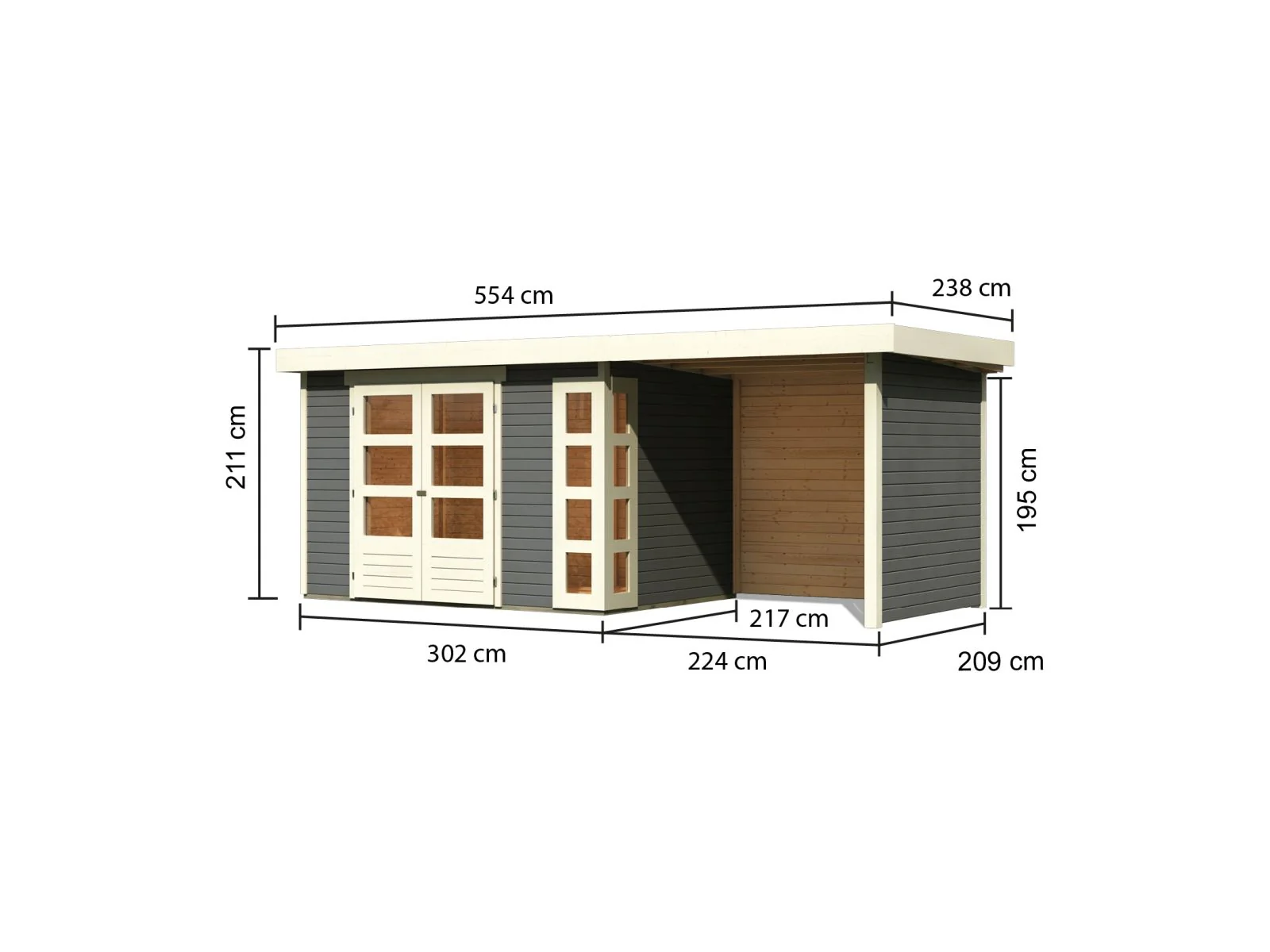 Karibu Gartenhaus Kerko 4 in terragrau mit Anbaudach 2,40 m und Rück-und Seitenwand - Image 3