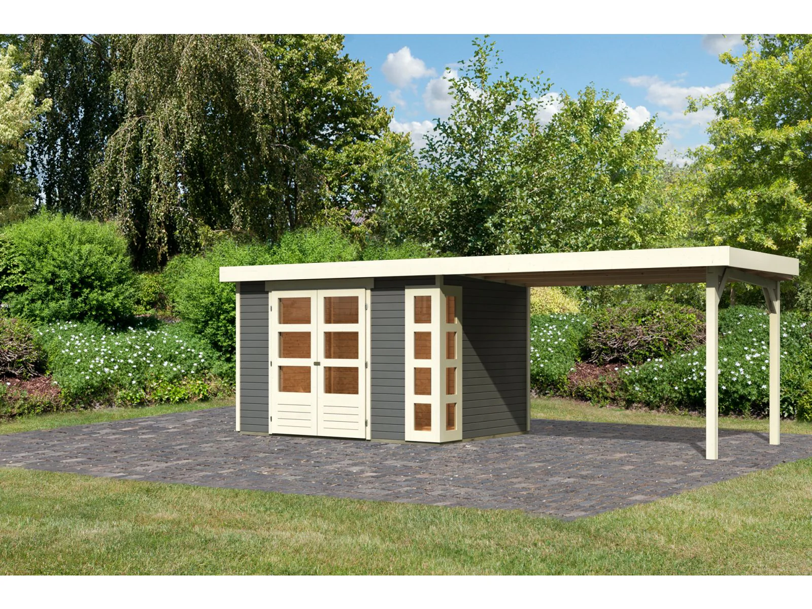 Karibu Gartenhaus Kerko 4 in terragrau mit Anbaudach 2,80 m - Image 2