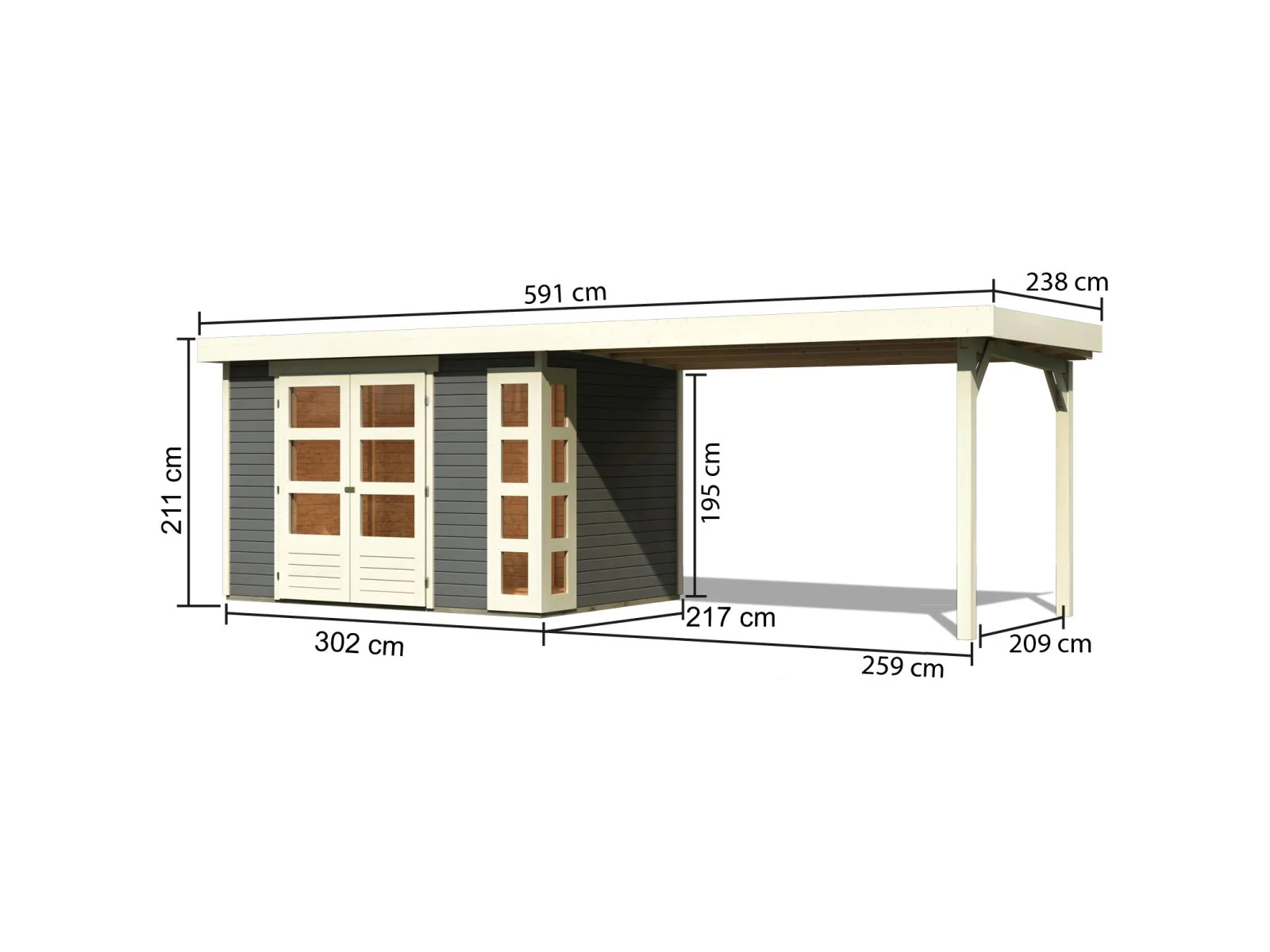 Karibu Gartenhaus Kerko 4 in terragrau mit Anbaudach 2,80 m - Image 4