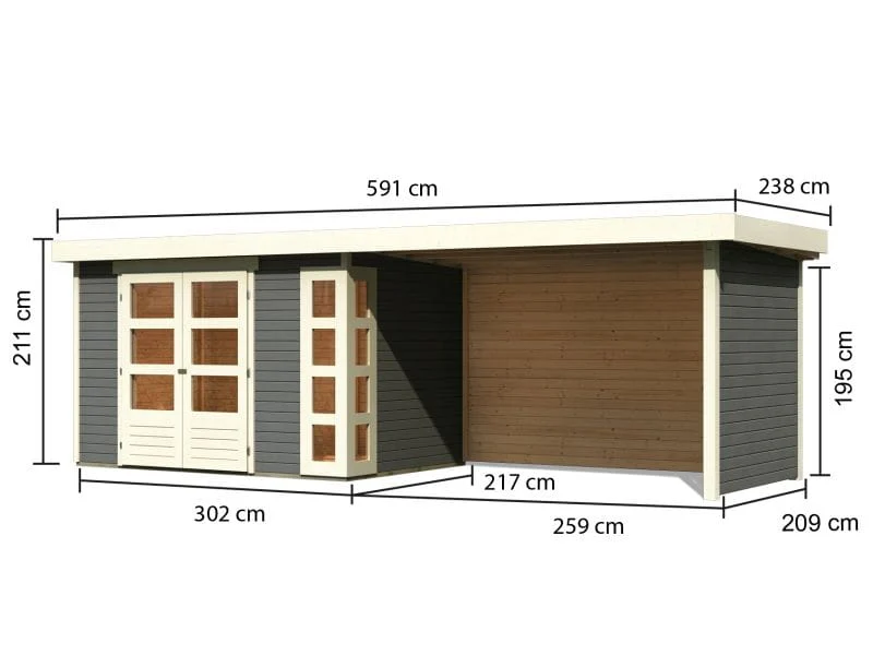 Karibu Gartenhaus Kerko 4 in terragrau mit Anbaudach 2,80 m und Rück-und Seitenwand - Image 3