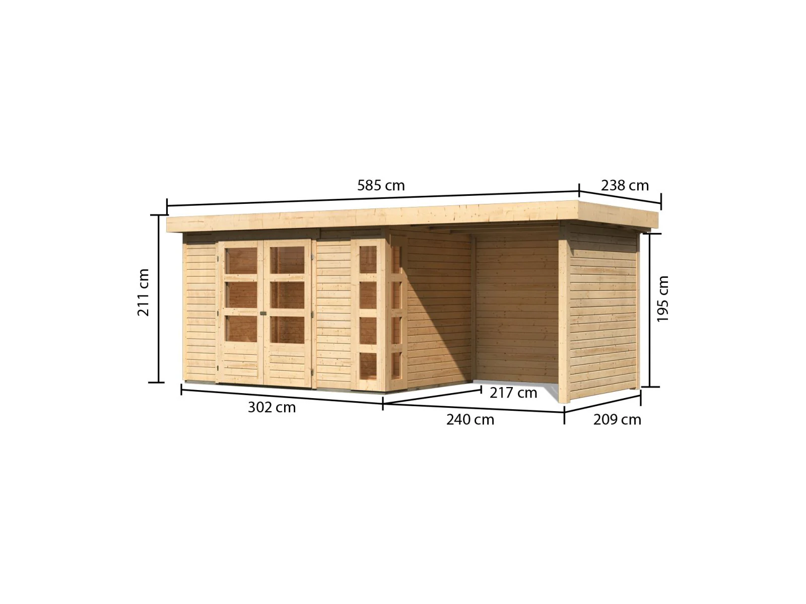 Karibu Gartenhaus Kerko 4 natur mit Anbaudach 2,40 m und Rück-und Seitenwand - Image 3