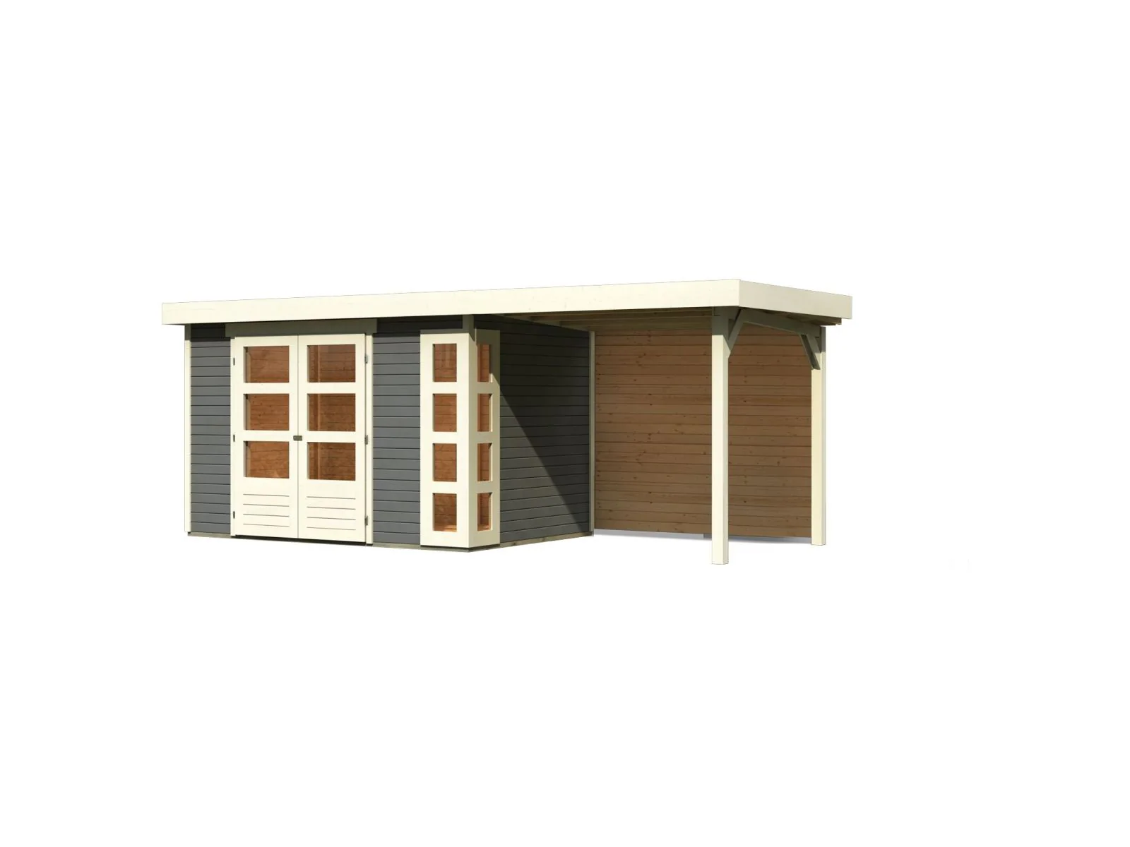 Karibu Gartenhaus Kerko 4 terragrau mit Anbaudach 2,40 m, Rückwand - Image 2