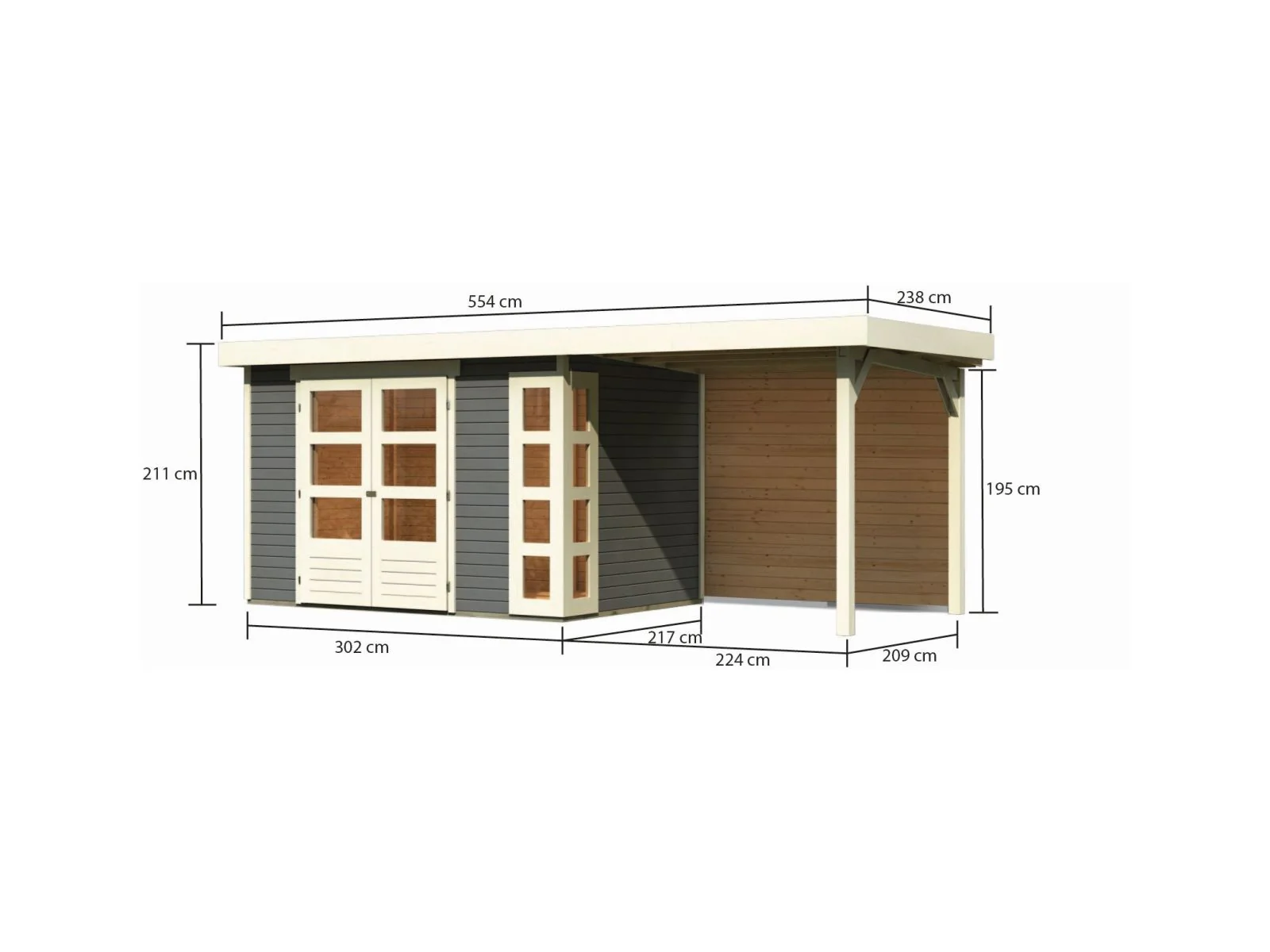 Karibu Gartenhaus Kerko 4 terragrau mit Anbaudach 2,40 m, Rückwand - Image 3
