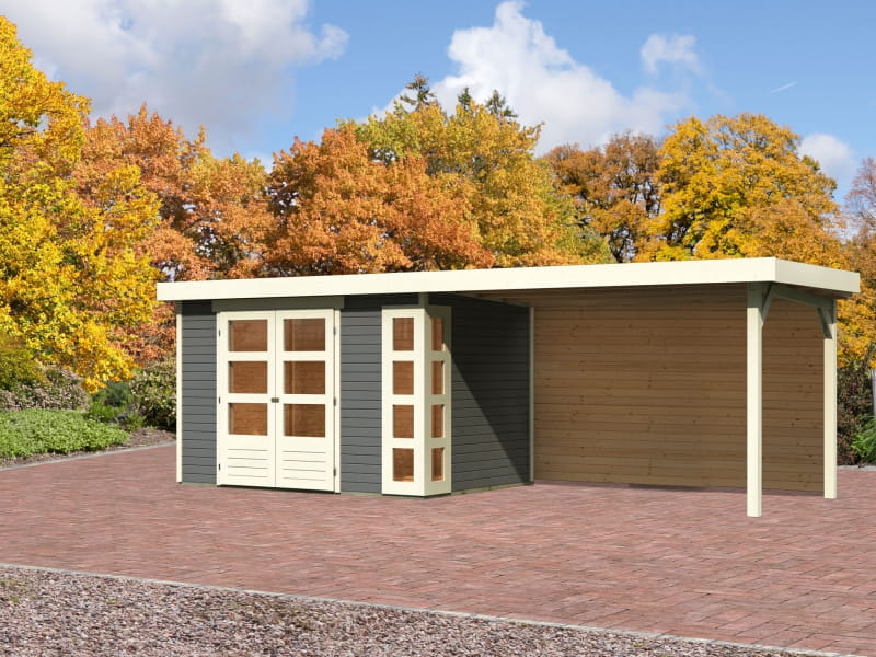 Karibu Gartenhaus Kerko 4 terragrau mit Anbaudach 2,80 m inkl. Rückwand - Image 2