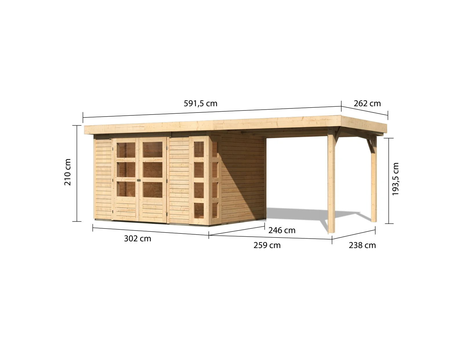 Karibu Gartenhaus Kerko 5 natur mit Anbaudach 2,80 m - Image 3