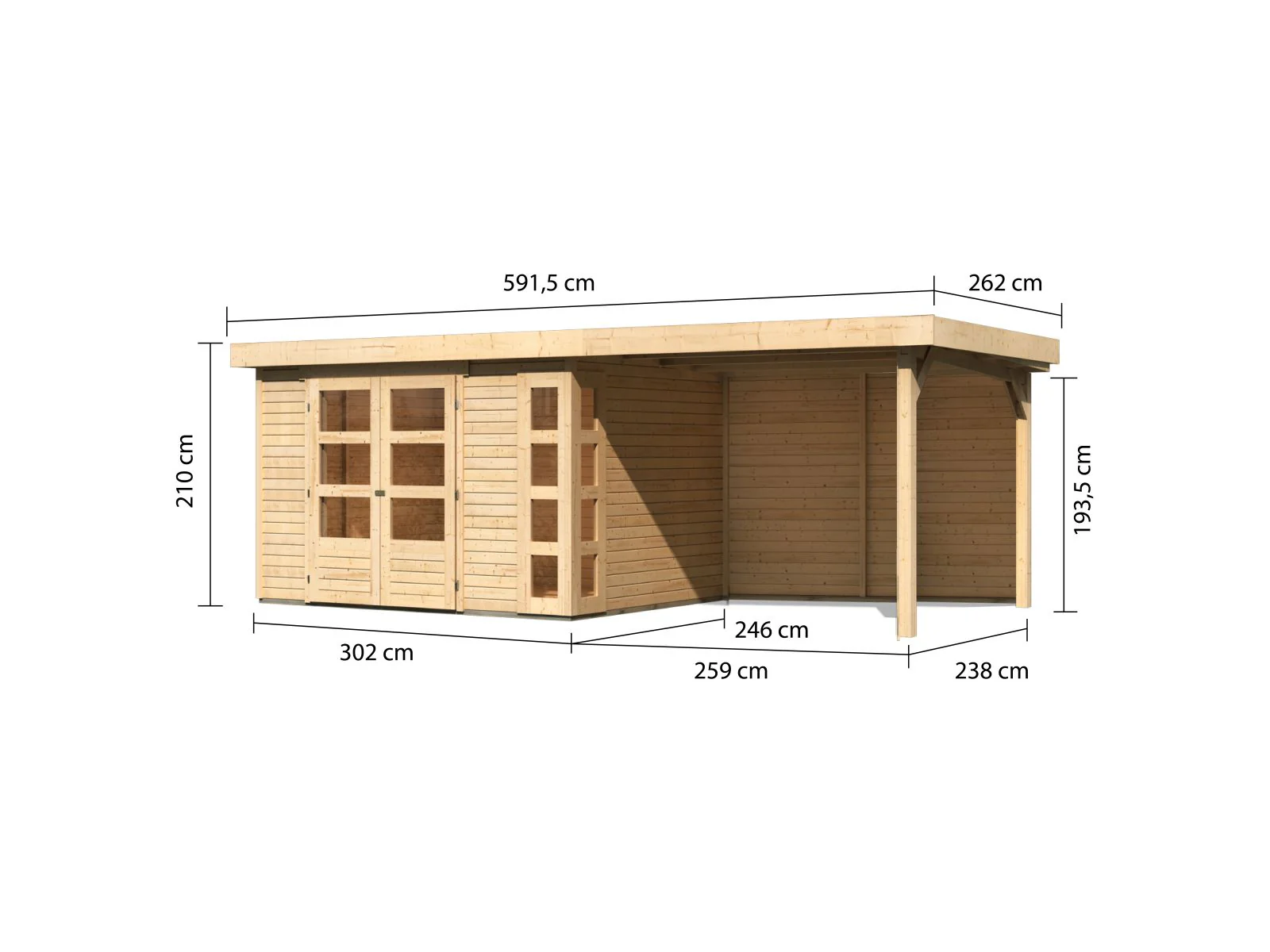 Karibu Gartenhaus Kerko 5 natur mit Anbaudach 2,80 m inkl. Rückwand - Image 3